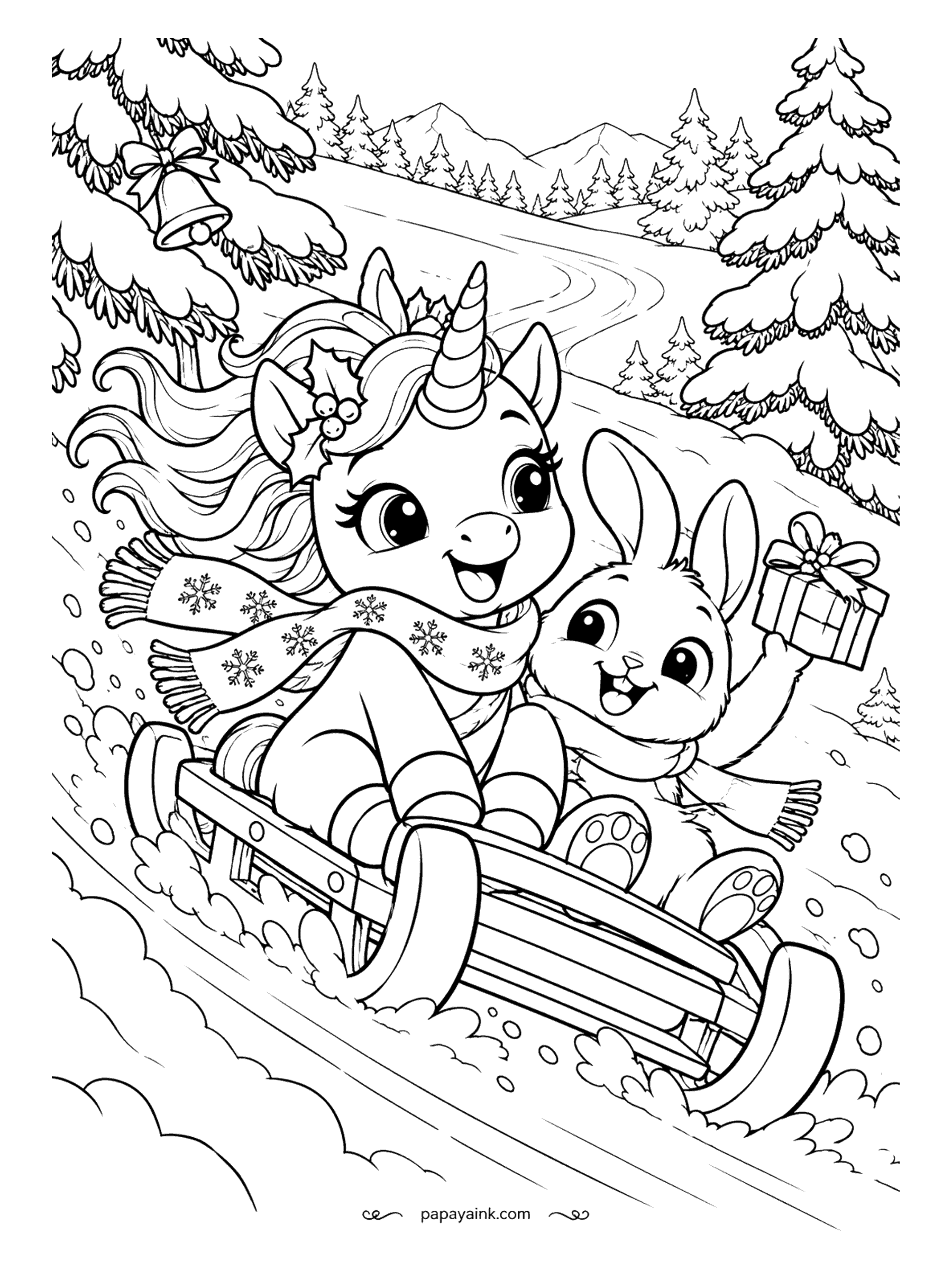 Cute Christmas Coloring Pages - A unicorn and a bunny race down a snowy hill on a wooden sled, scarves flying in the wind.