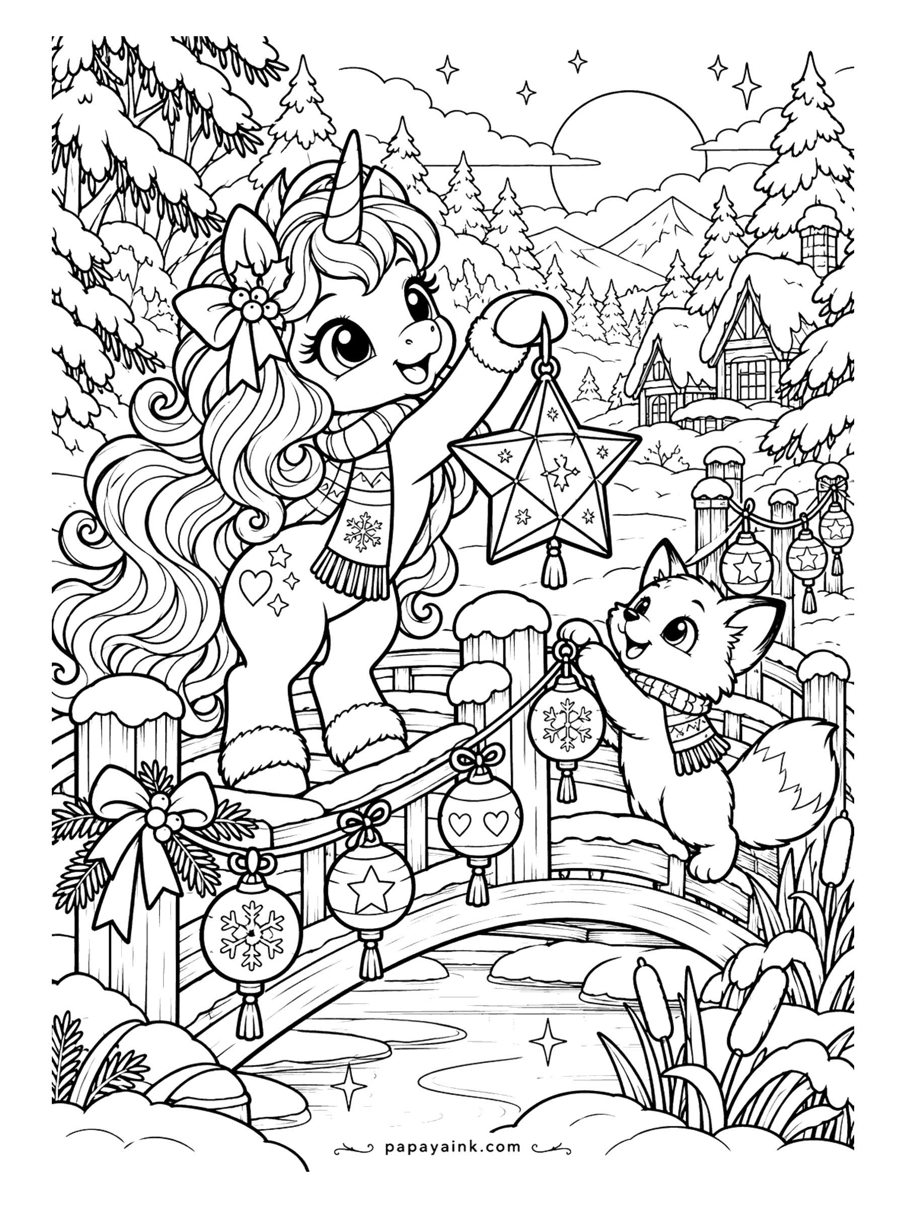 Cute Christmas Coloring Pages - A unicorn holds a star lantern while a fox hangs paper lanterns along a snowy wooden bridge. Detailed.