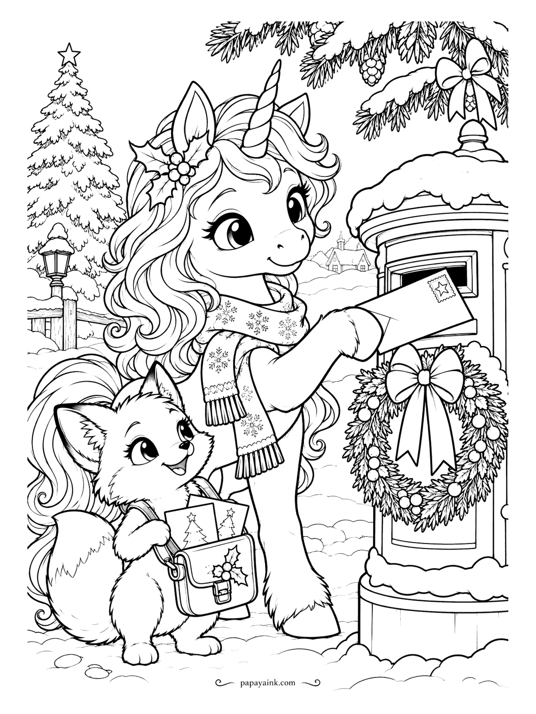 Cute Christmas Coloring Pages - A unicorn drops a letter into a snowy mailbox while a fox carries a satchel of holiday cards.