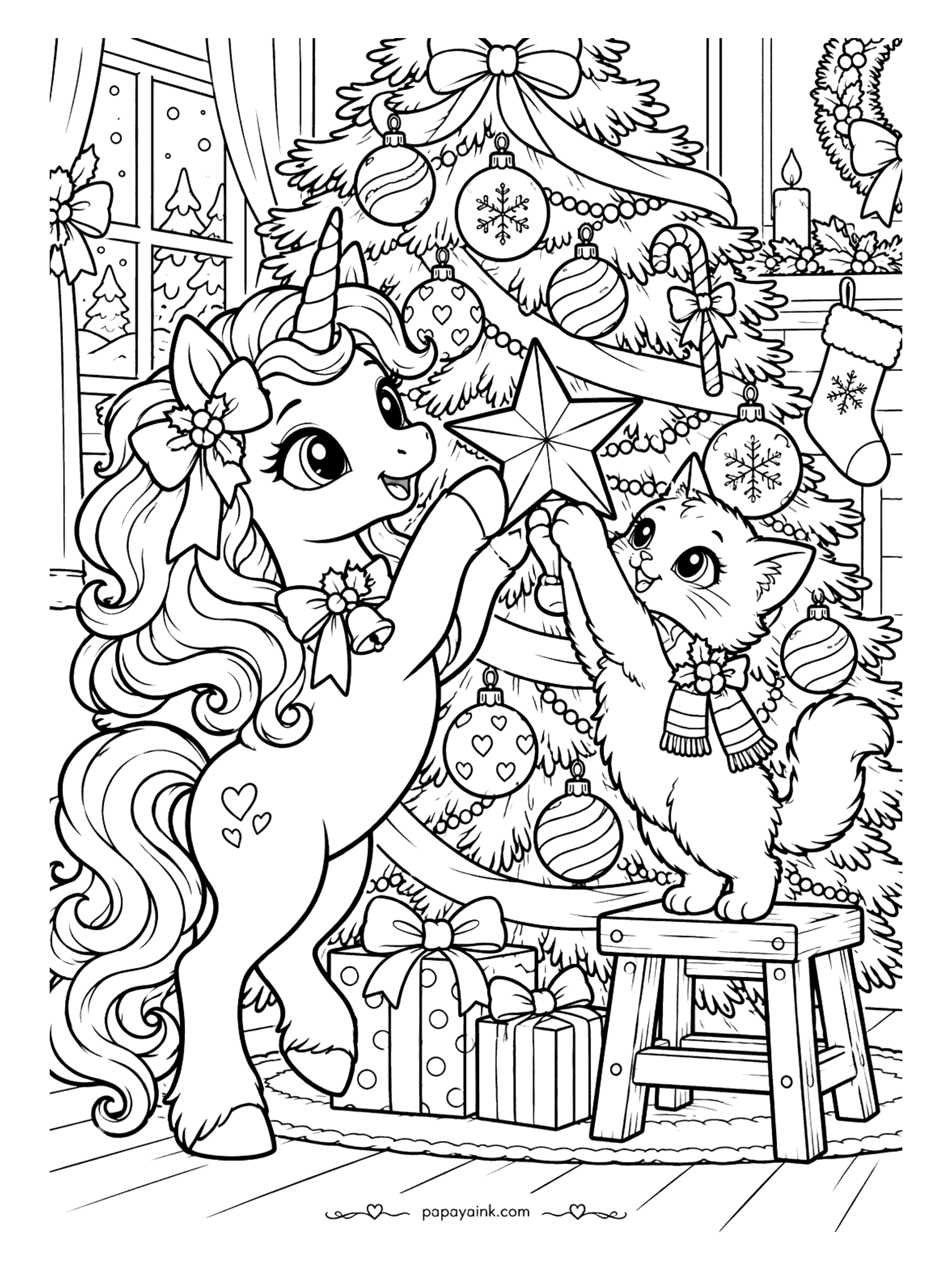 Cute Christmas Coloring Pages - A unicorn and a fluffy kitten on a step stool lift the star to the top of the Christmas tree. Detailed.