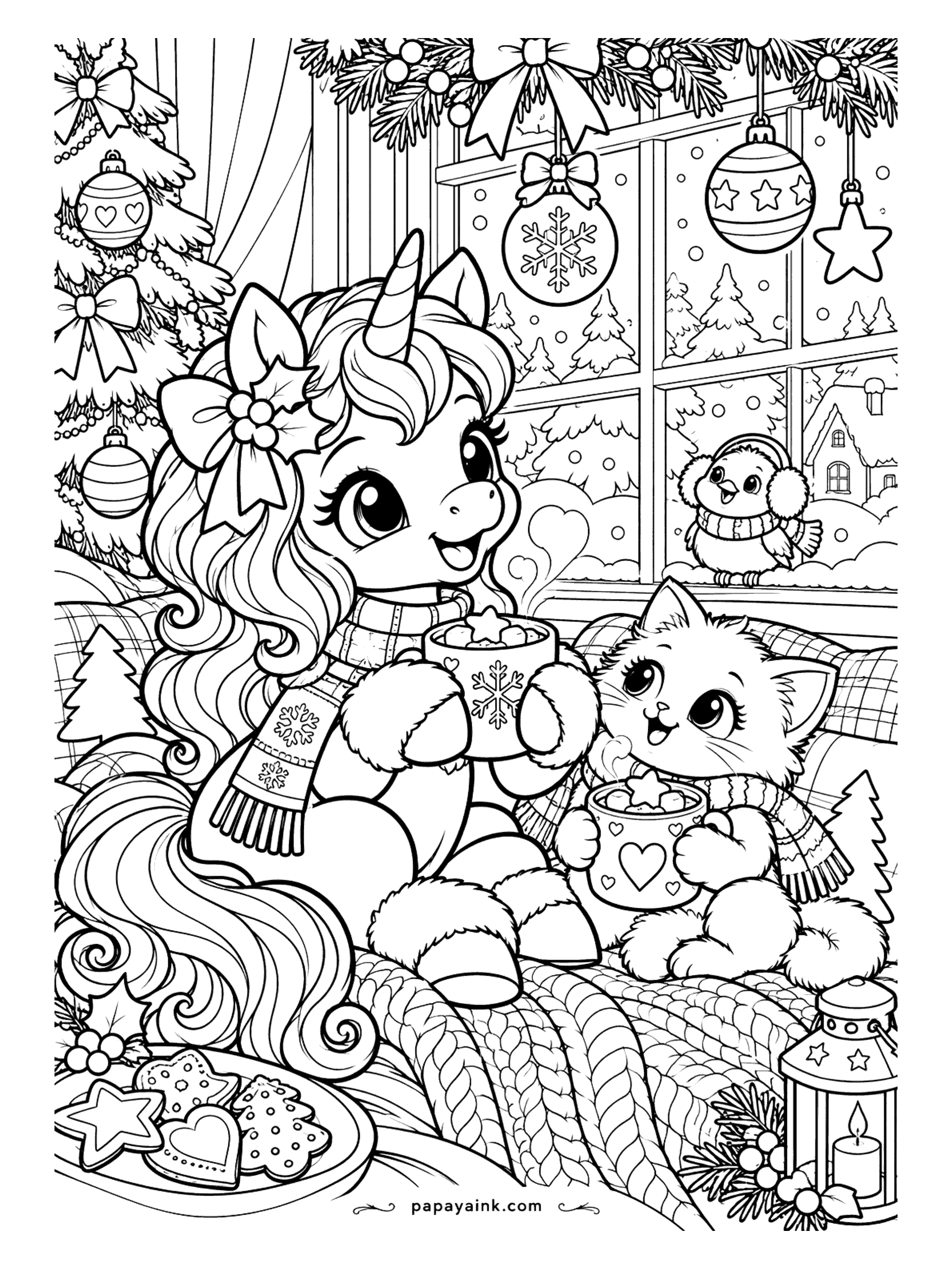 Cute Christmas Coloring Pages - A unicorn and a kitten sip hot cocoa on a cozy blanket next to the tree and a plate of cookies. Detailed.