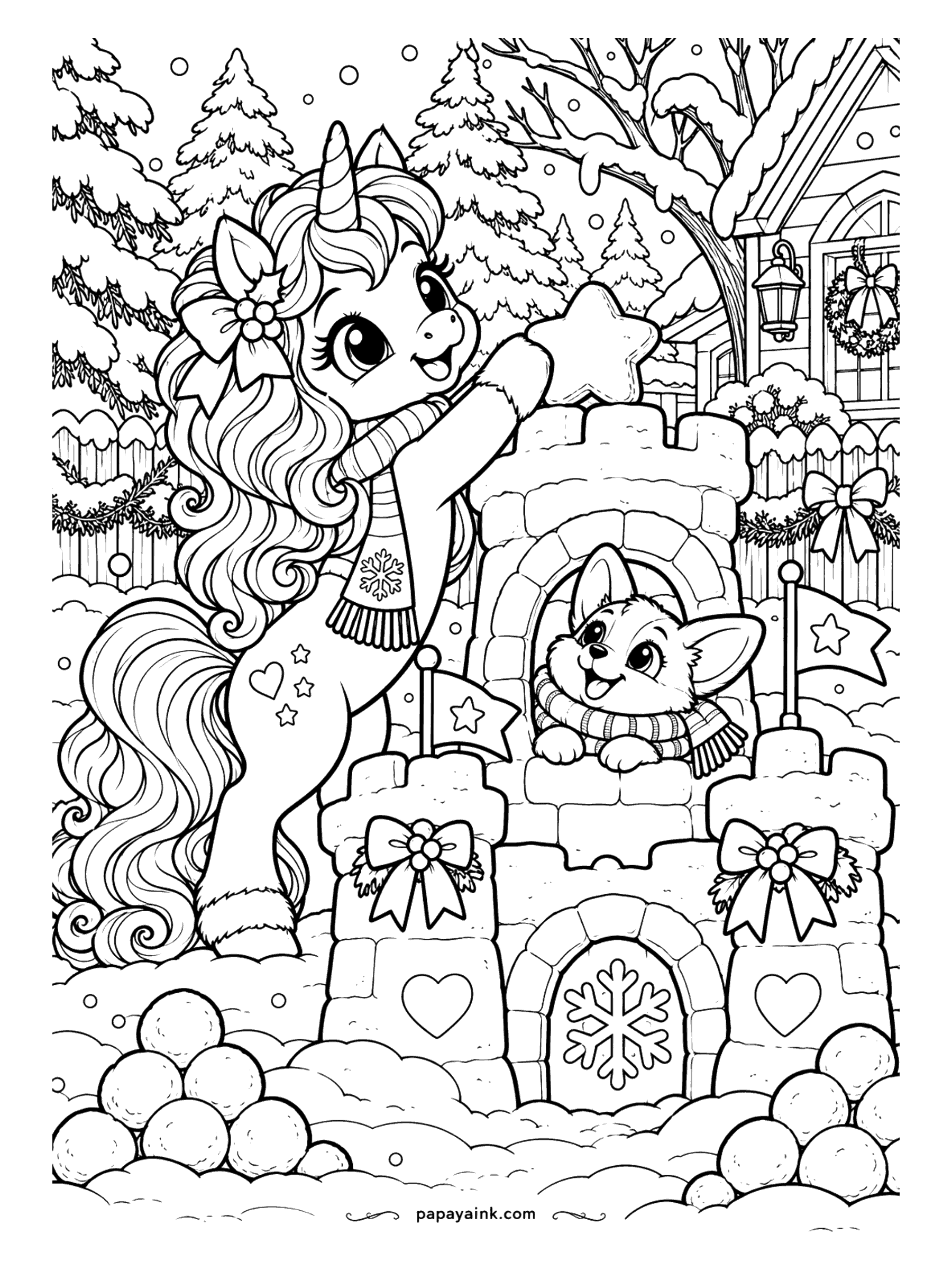 Cute Christmas Coloring Pages - A unicorn tops a snow fort with a star while a puppy peeks out of the window.