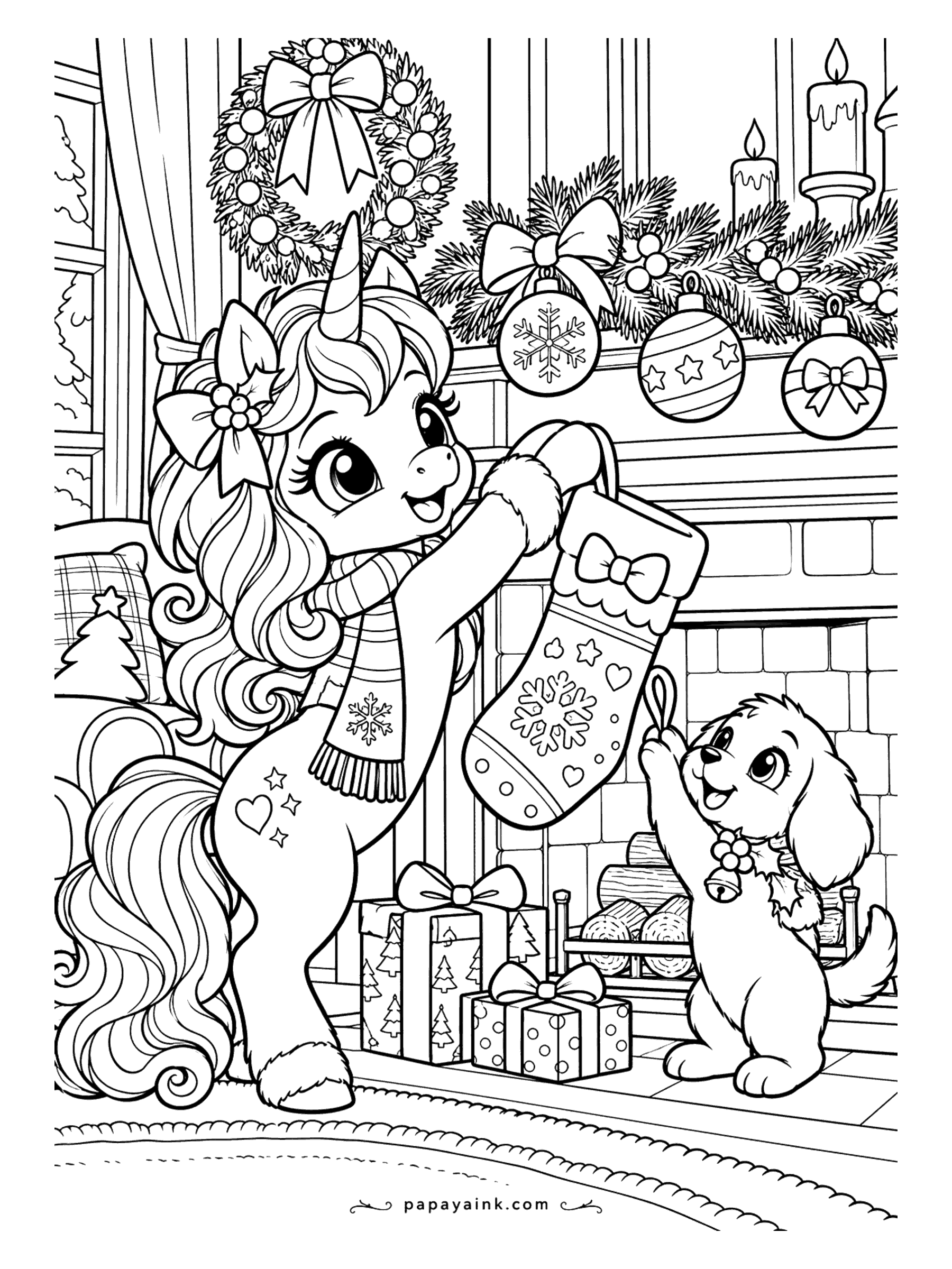 Cute Christmas Coloring Pages - A unicorn in a snowflake scarf hangs a stocking on the mantel while a puppy with a jingle bell helps. Detailed.