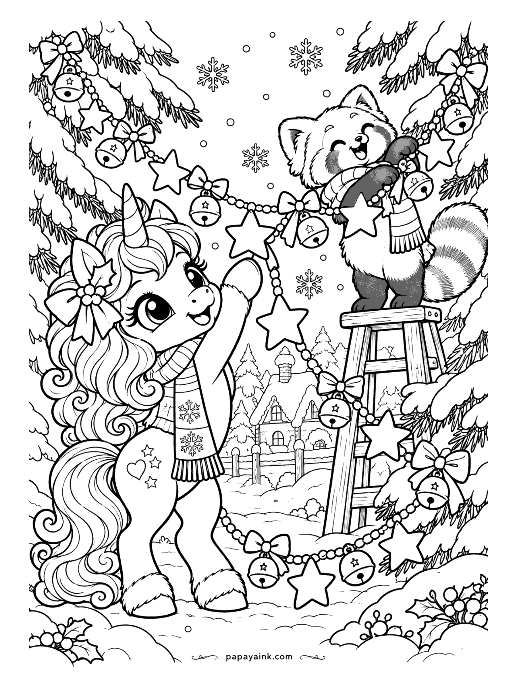 Cute Christmas Coloring Pages - A unicorn and a red panda on a ladder hang a garland of stars and jingle bells between snowy pines.