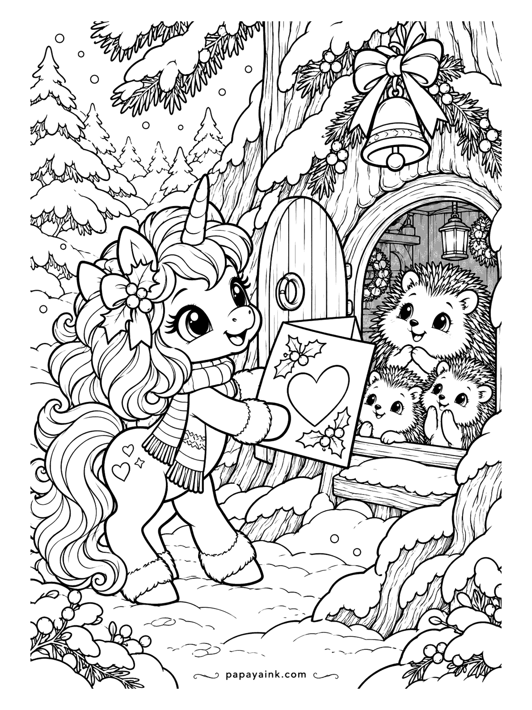 Cute Christmas Coloring Pages - A unicorn brings a Christmas card to a hedgehog family peeking out of their tree-trunk home. Detailed.