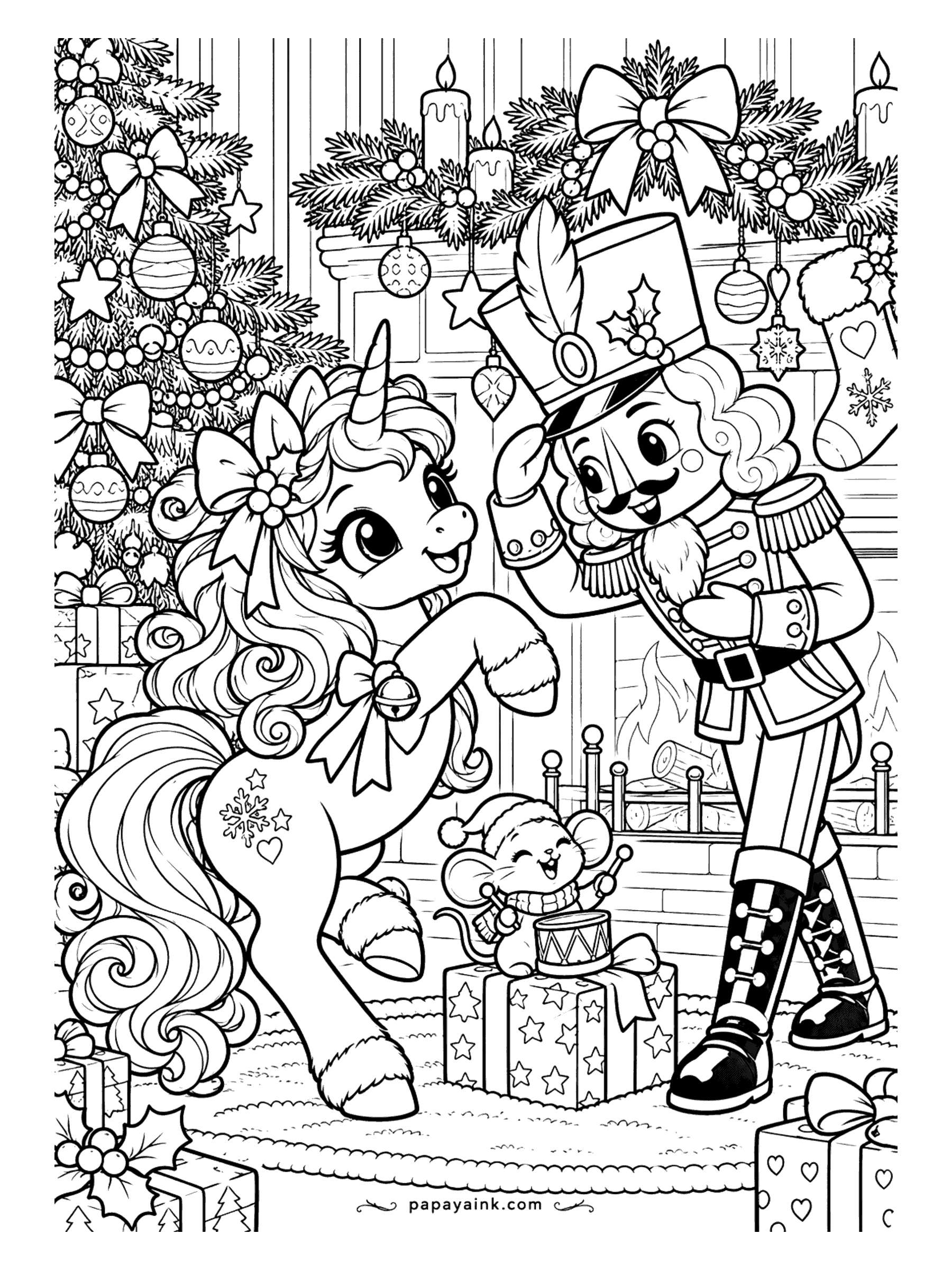 Cute Christmas Coloring Pages - A prancing unicorn meets a friendly nutcracker by the fireplace as a mouse plays a little drum. Detailed.