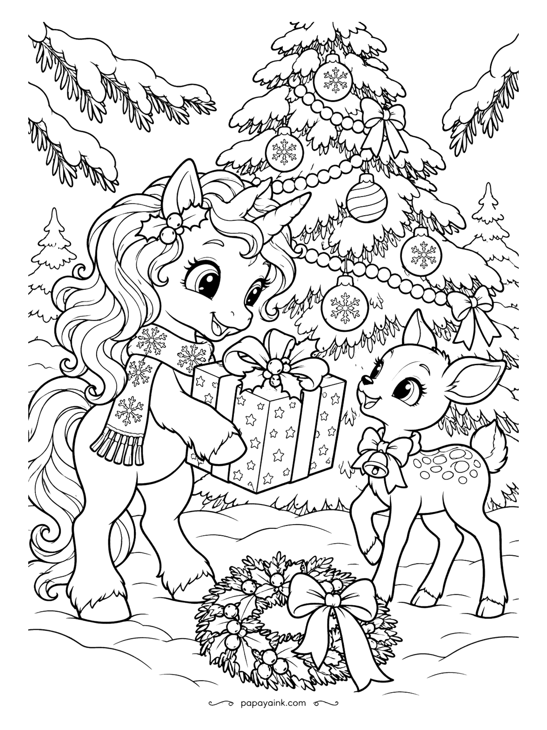 Cute Christmas Coloring Pages - A unicorn gives a star-patterned present to a happy fawn under a decorated tree in the woods.
