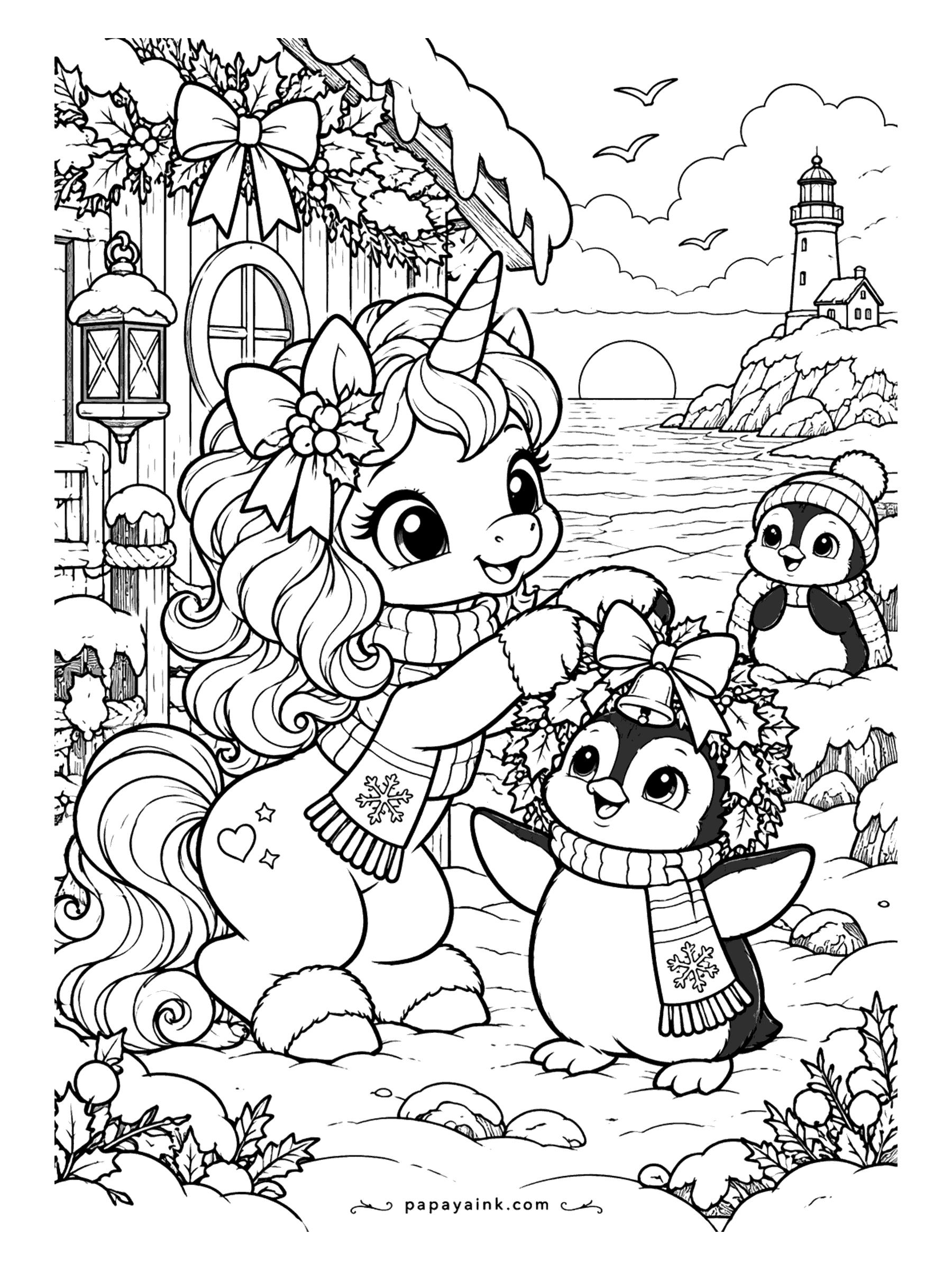 Cute Christmas Coloring Pages - A unicorn places a holly wreath on a penguin by a seaside cottage with a lighthouse in the distance.