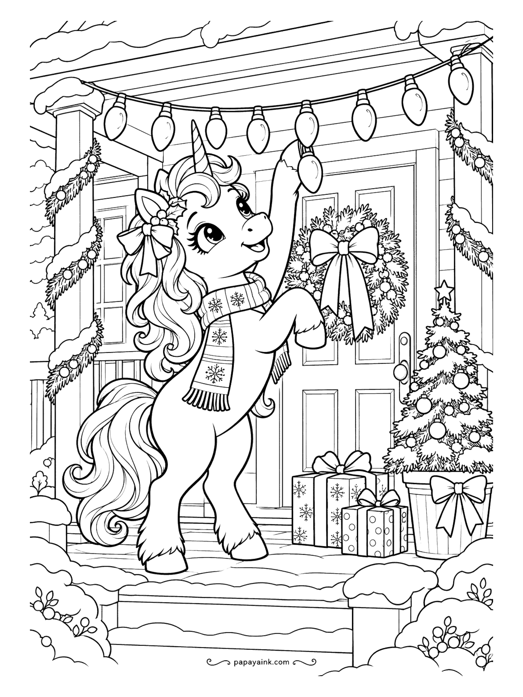 Cute Christmas Coloring Pages - A unicorn in a knitted scarf strings holiday lights across a porch decorated with a wreath and a little tree.