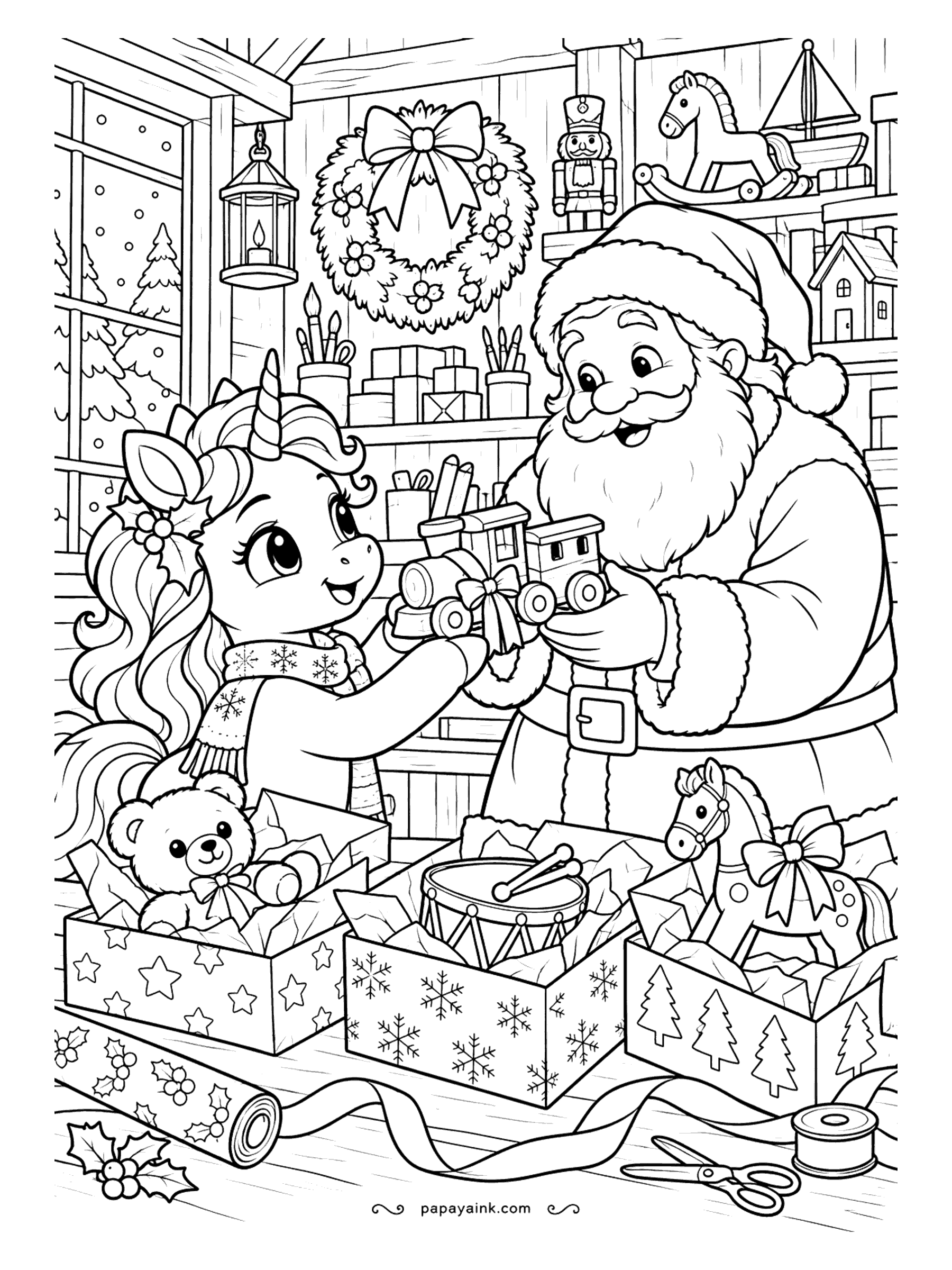 Cute Christmas Coloring Pages - A unicorn helps Santa pack a toy train in a workshop full of teddy bears, drums and rocking horses. Detailed.