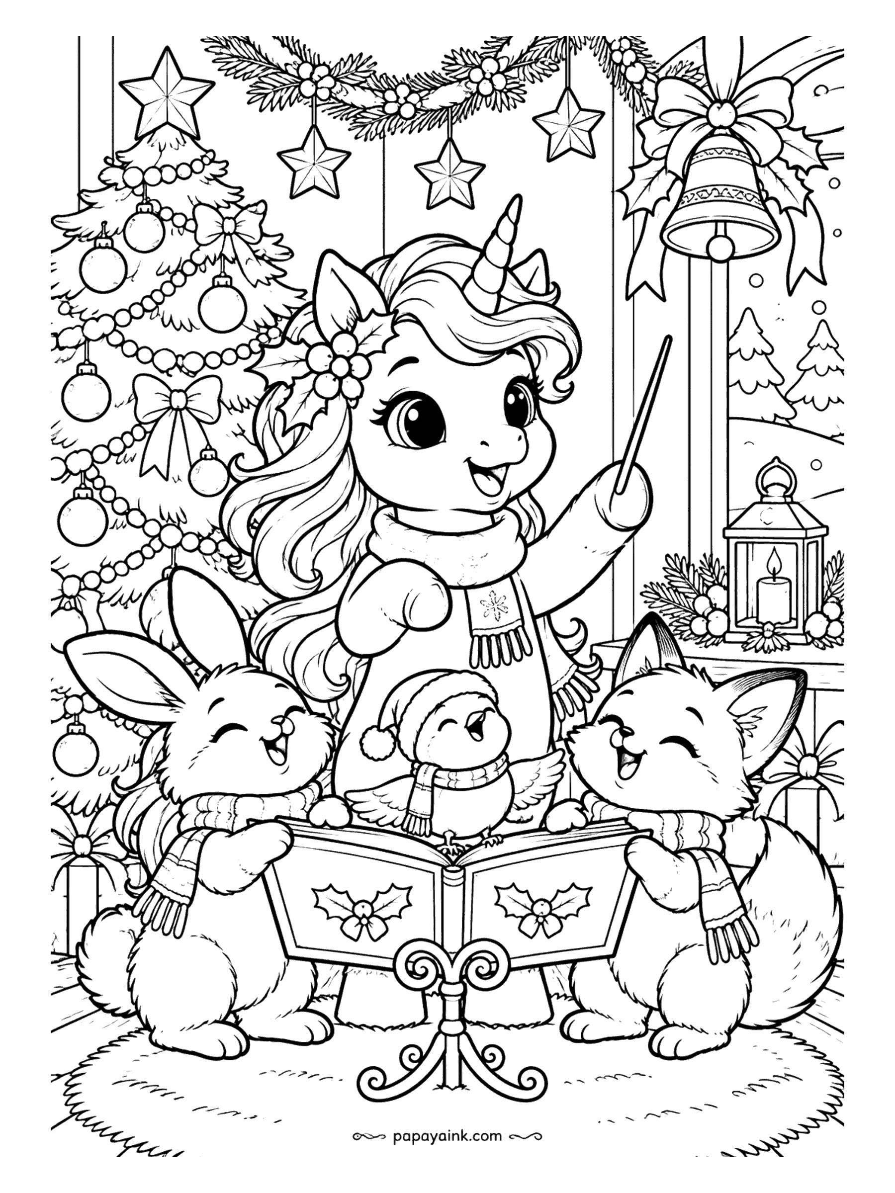 Cute Christmas Coloring Pages - A unicorn conducts a choir of a bunny, a fox and a little bird singing carols from a songbook. Detailed.