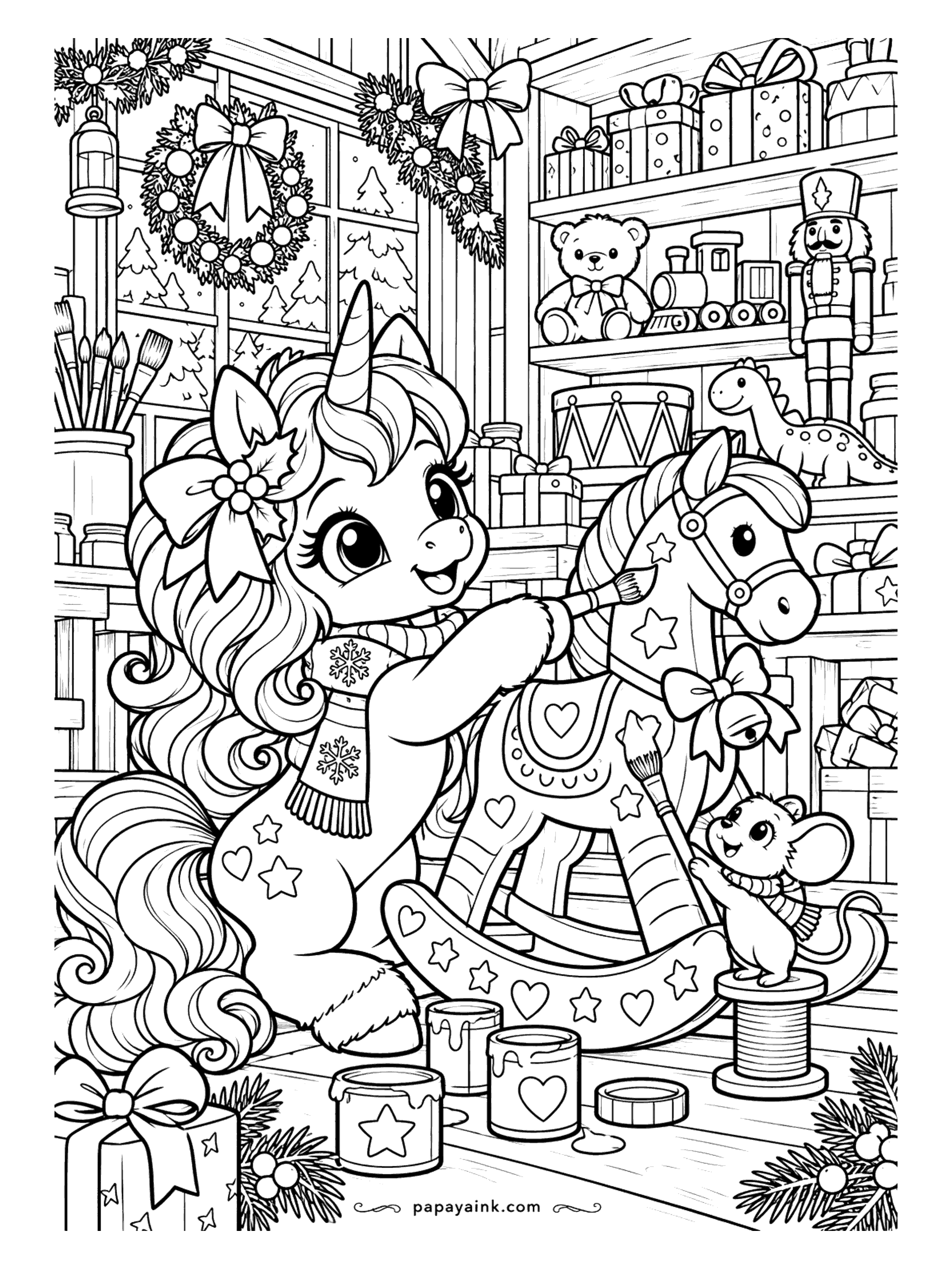 Cute Christmas Coloring Pages - A unicorn and a tiny mouse paint hearts and stars on a rocking horse in a cozy toy workshop. Detailed.