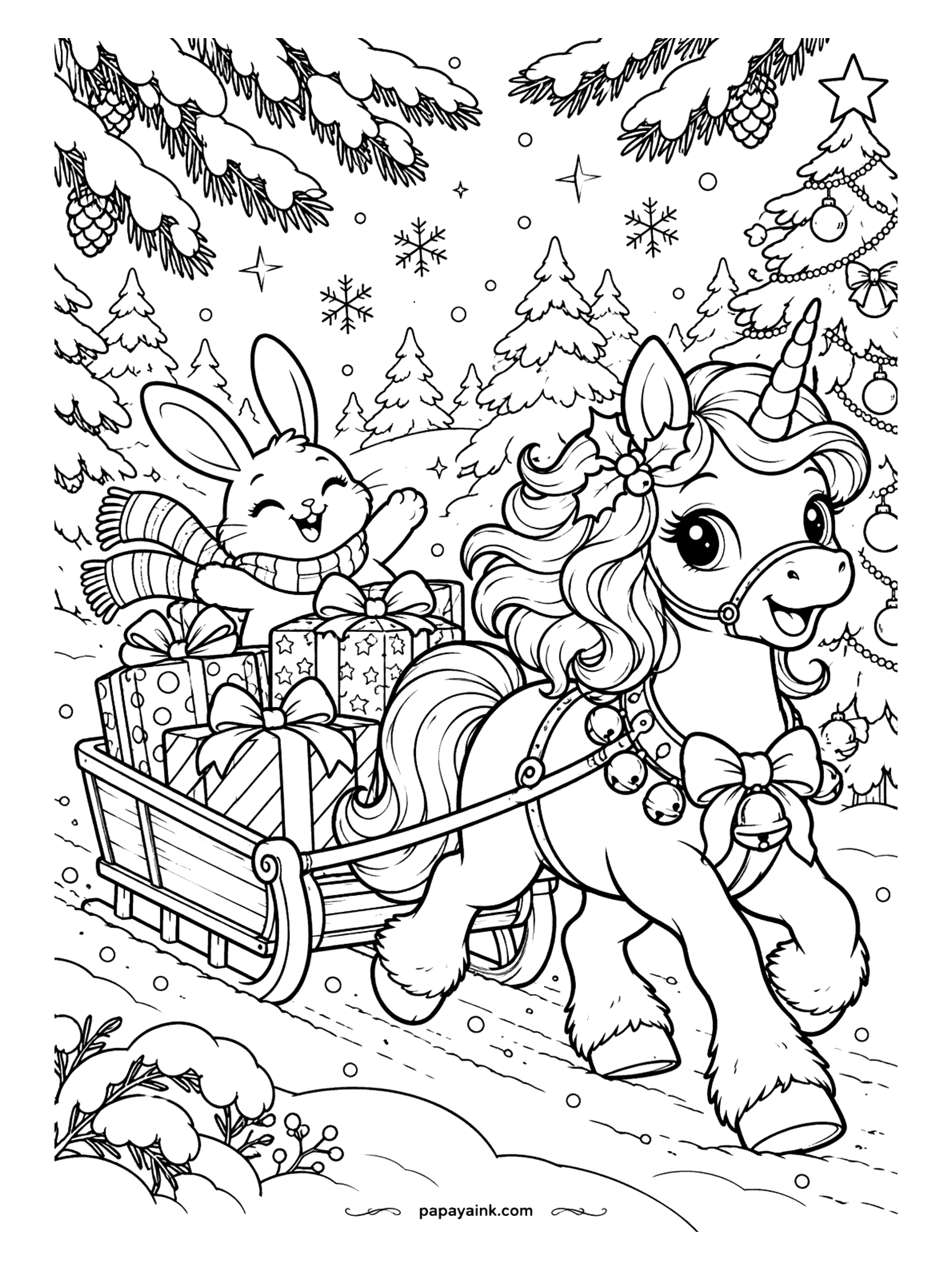 Cute Christmas Coloring Pages - A unicorn with sleigh bells pulls a sleigh full of presents through a snowy forest as a bunny waves from the back. Detailed.