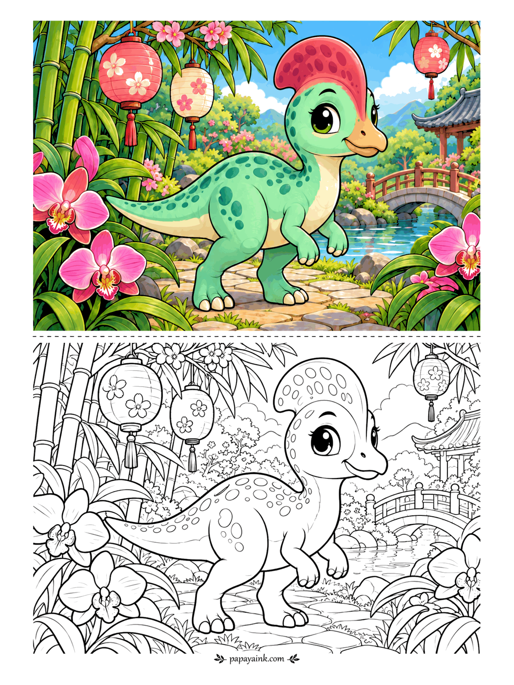Cute Dinosaur Coloring Pages - Paper lanterns hang from the bamboo, orchids lean in from the side and a corythosaurus strolls toward the red footbridge. Her crest is the same shape as the lanterns, which may be the joke. Detailed - a full garden, pagoda roof included.