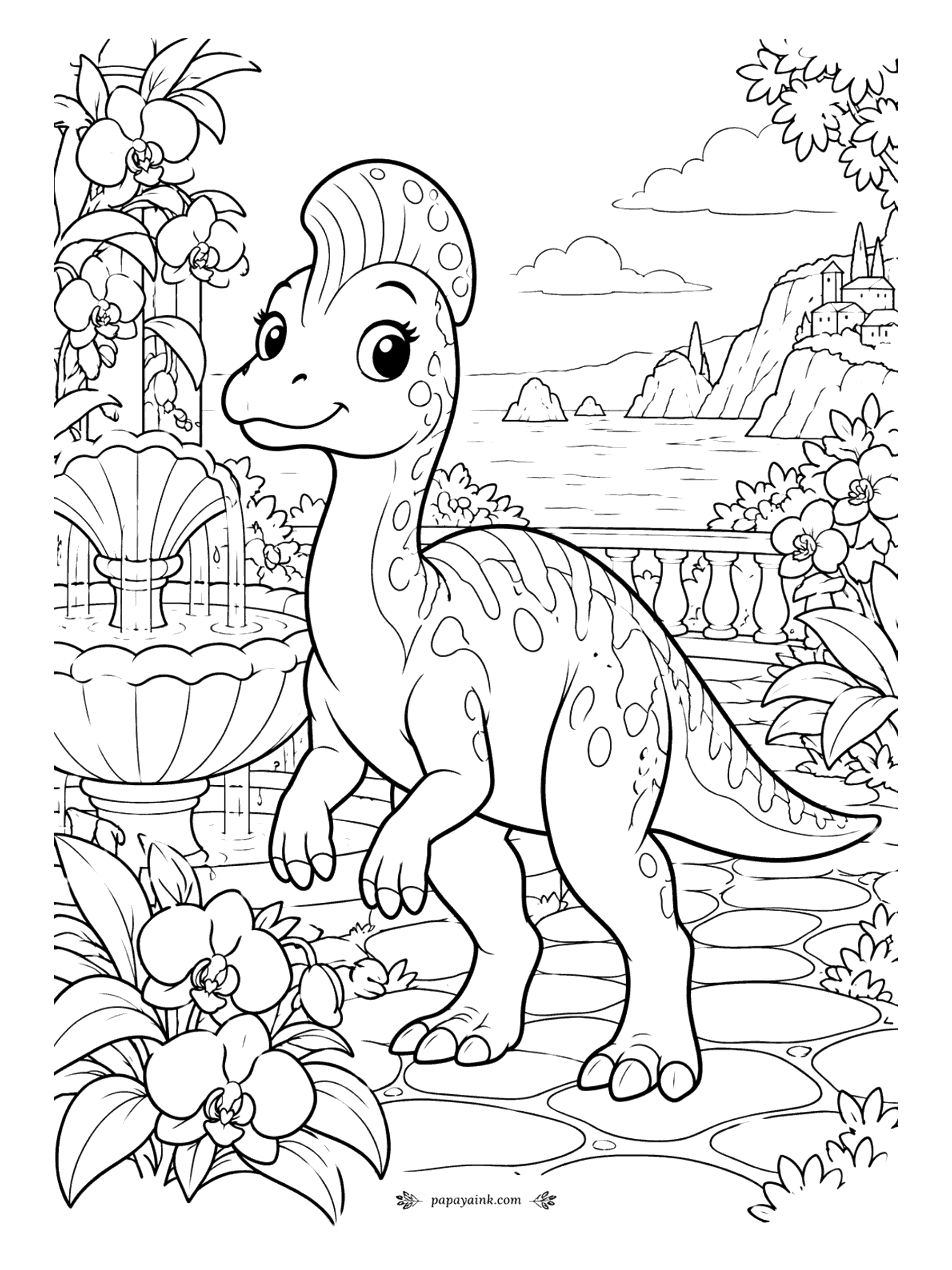Cute Dinosaur Coloring Pages - Beside a fountain shaped like a scallop shell, the corythosaurus poses on the balcony above the sea. Orchids climb the pillar and a hilltop town sits across the bay. Her rounded crest looks great in two shades.
