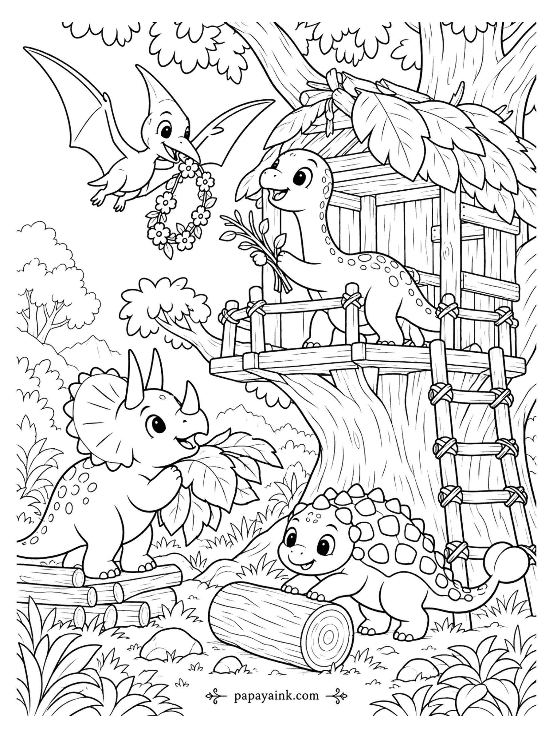 Cute Dinosaur Coloring Pages - Dinosaur friends build a treehouse: one works on the deck, a triceratops brings leaves for the roof, an ankylosaurus rolls a log and a pterodactyl flies in with a flower wreath. Detailed.