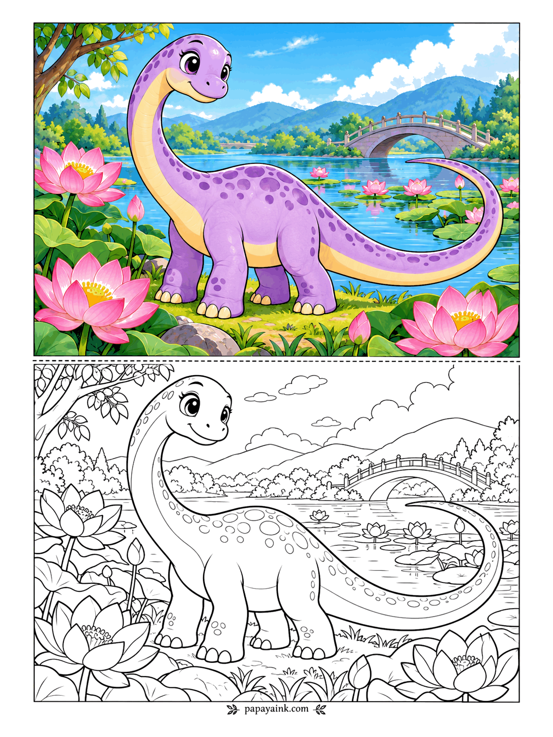 Cute Dinosaur Coloring Pages - The diplodocus is longer than the stone bridge behind her, and her tail curls out over the lotus pond to prove it. Water lilies, reflections and distant hills. Detailed - sharp pencils for the lily pads.