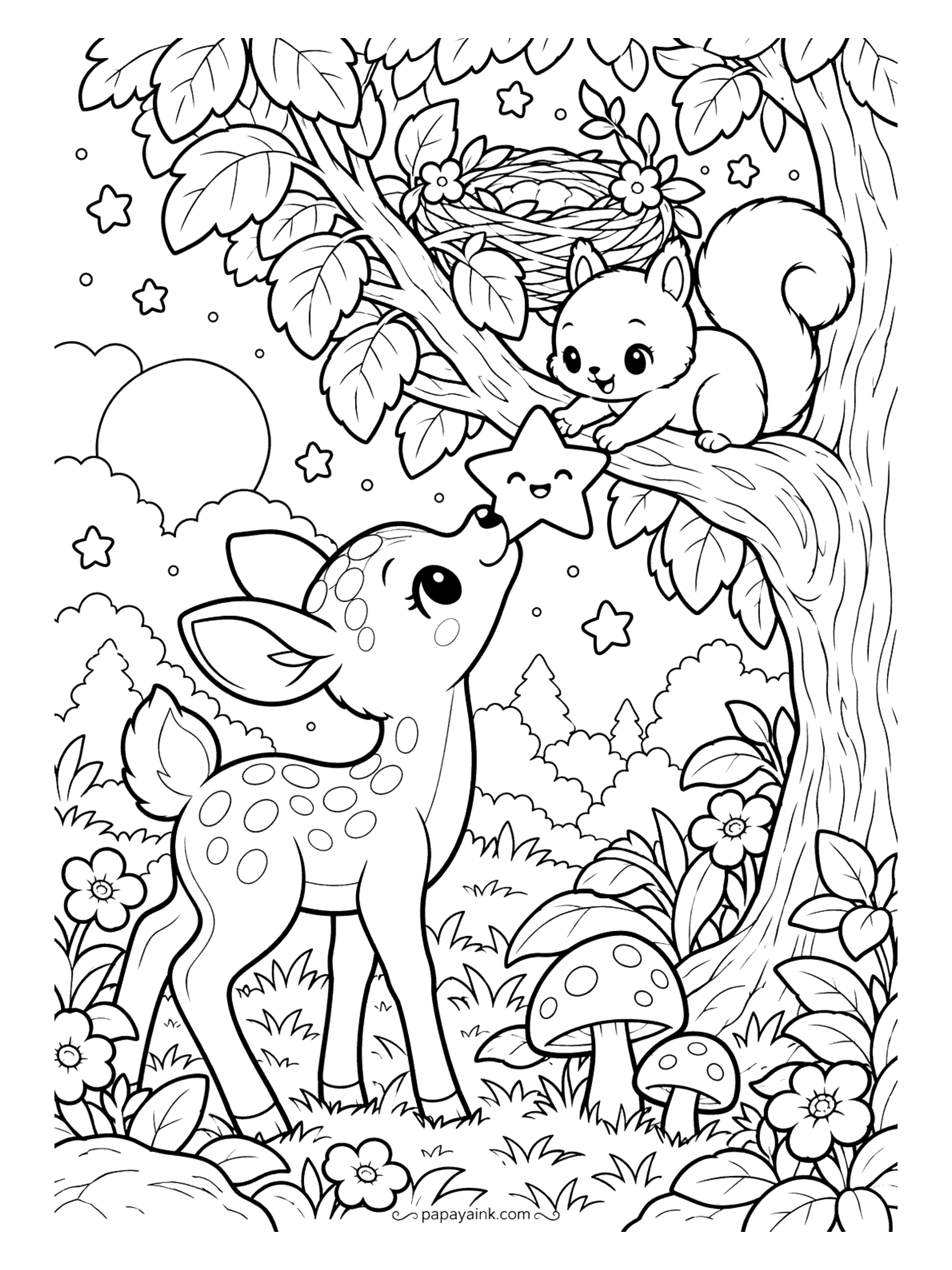 Cute Kawaii Coloring Pages - On tiptoe, a spotted fawn nuzzles a little star that a squirrel hands down from a leafy bough beside a twig nest.