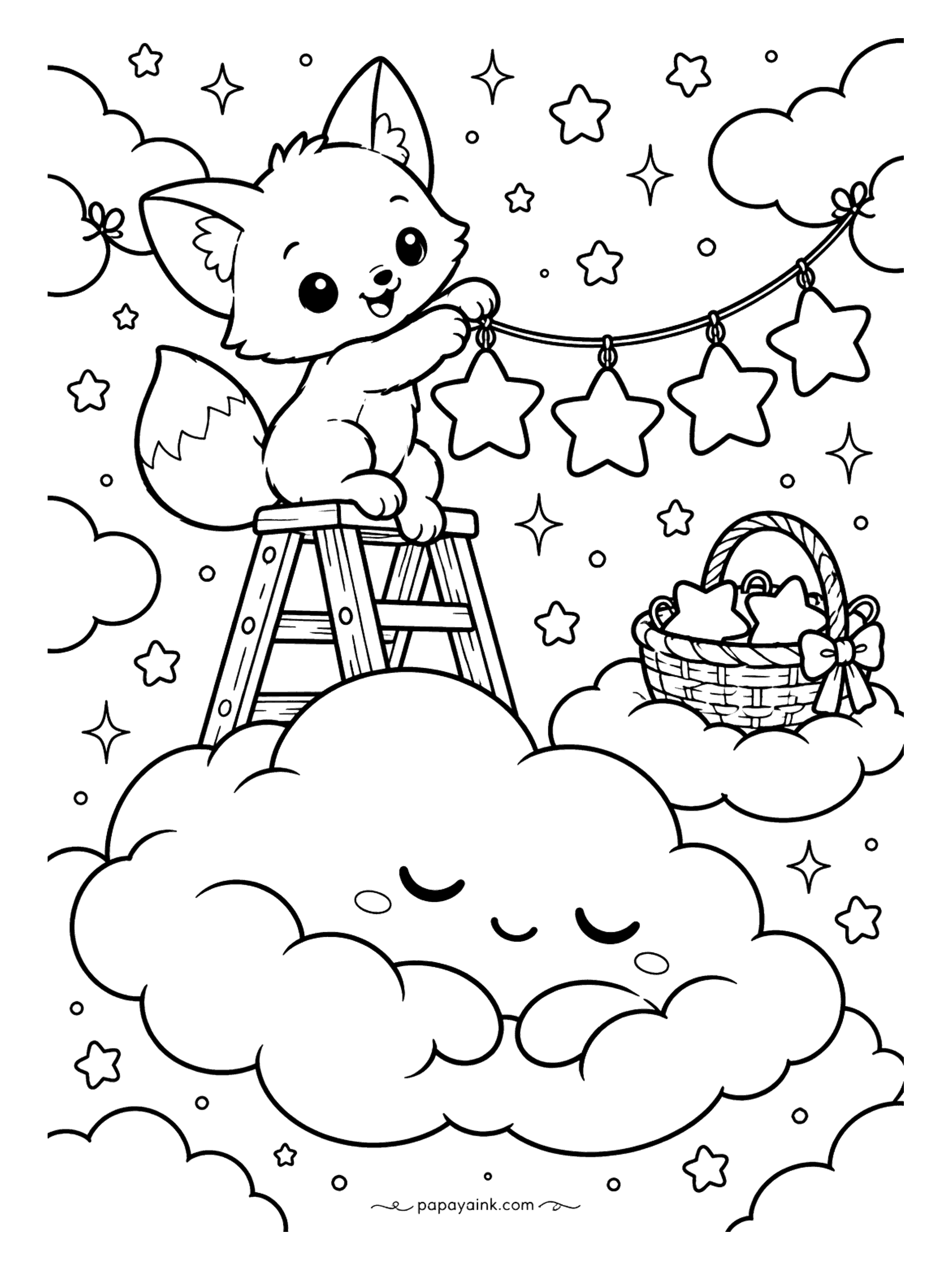Cute Kawaii Coloring Pages - One by one, stars on a string go up as a fox kit climbs a ladder to decorate the night, standing atop a dozing cloud.