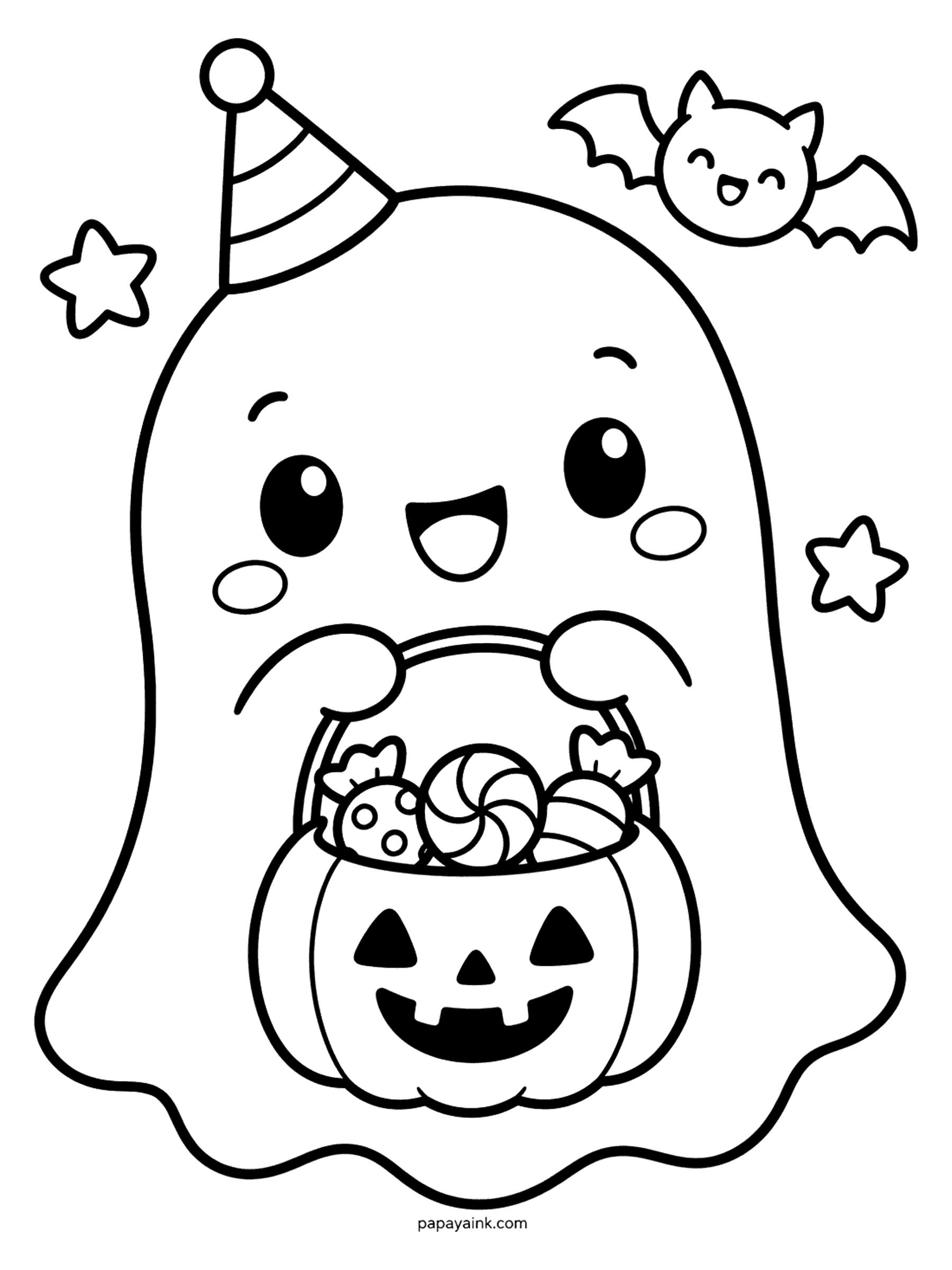 Easy Cute Halloween Coloring Pages - Friendly ghost in a striped party hat holding a jack-o-lantern bucket of candy while a little bat flies by