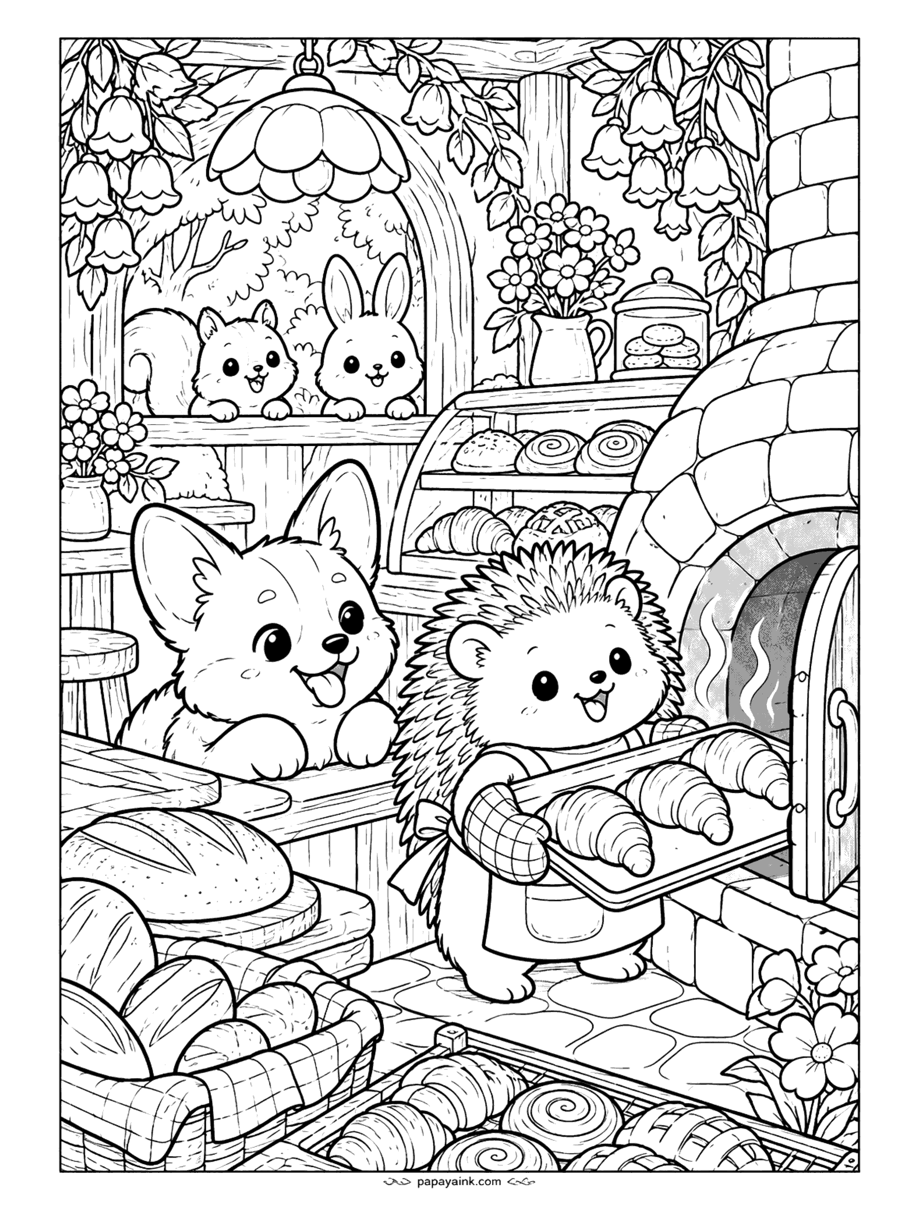 Cute Kawaii Coloring Pages - Warm croissants slide from a brick oven as an aproned hedgehog serves a hungry corgi, with pastry trays and bread baskets filling every corner. Detailed.