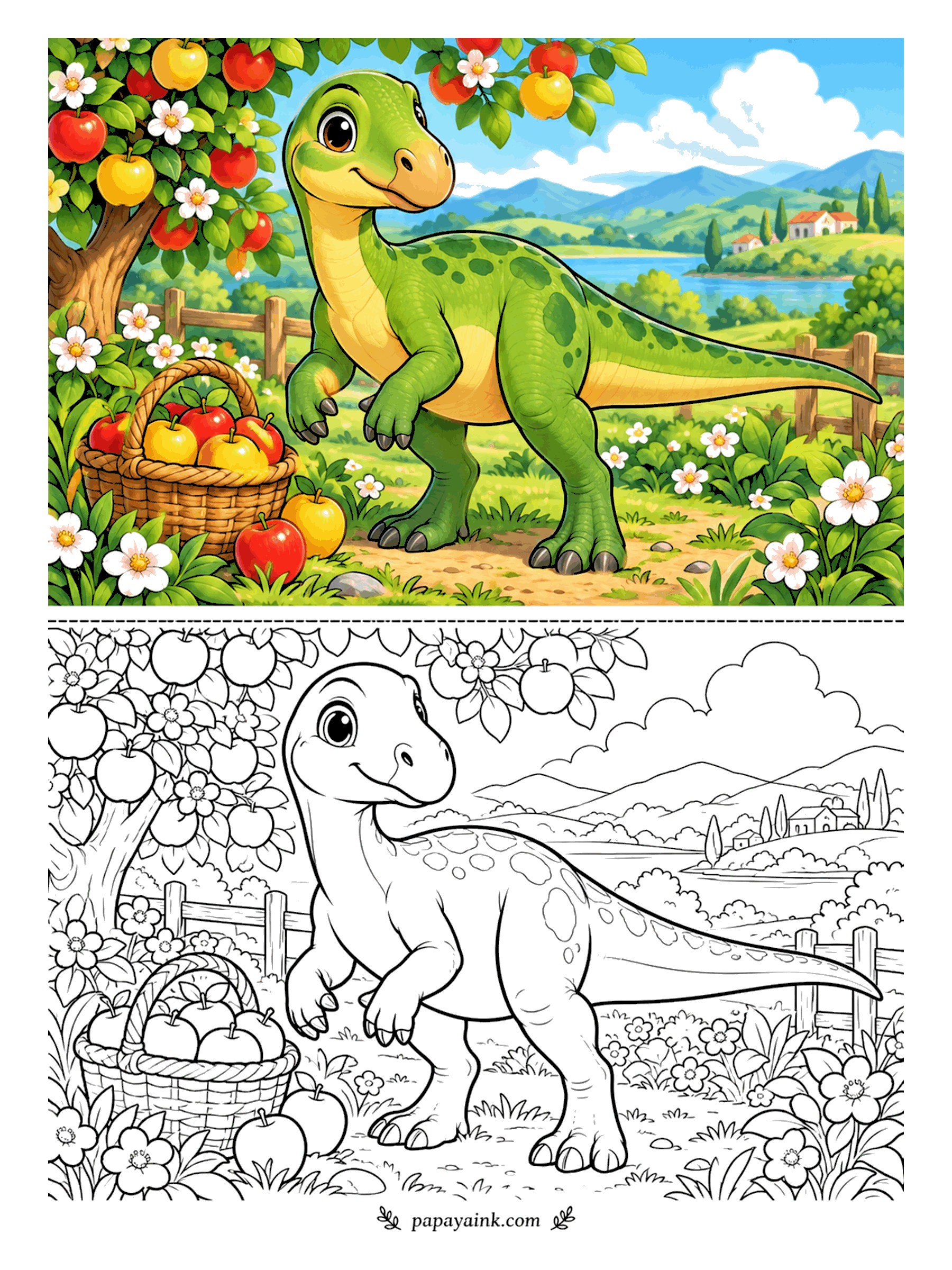 Cute Dinosaur Coloring Pages - Apple picking with an iguanodon, who turns out to be built for the job. The basket is already heaped and the tree still has plenty. Red apples, pale blossom and a green dino in a green orchard - vary the greens so he stands out.