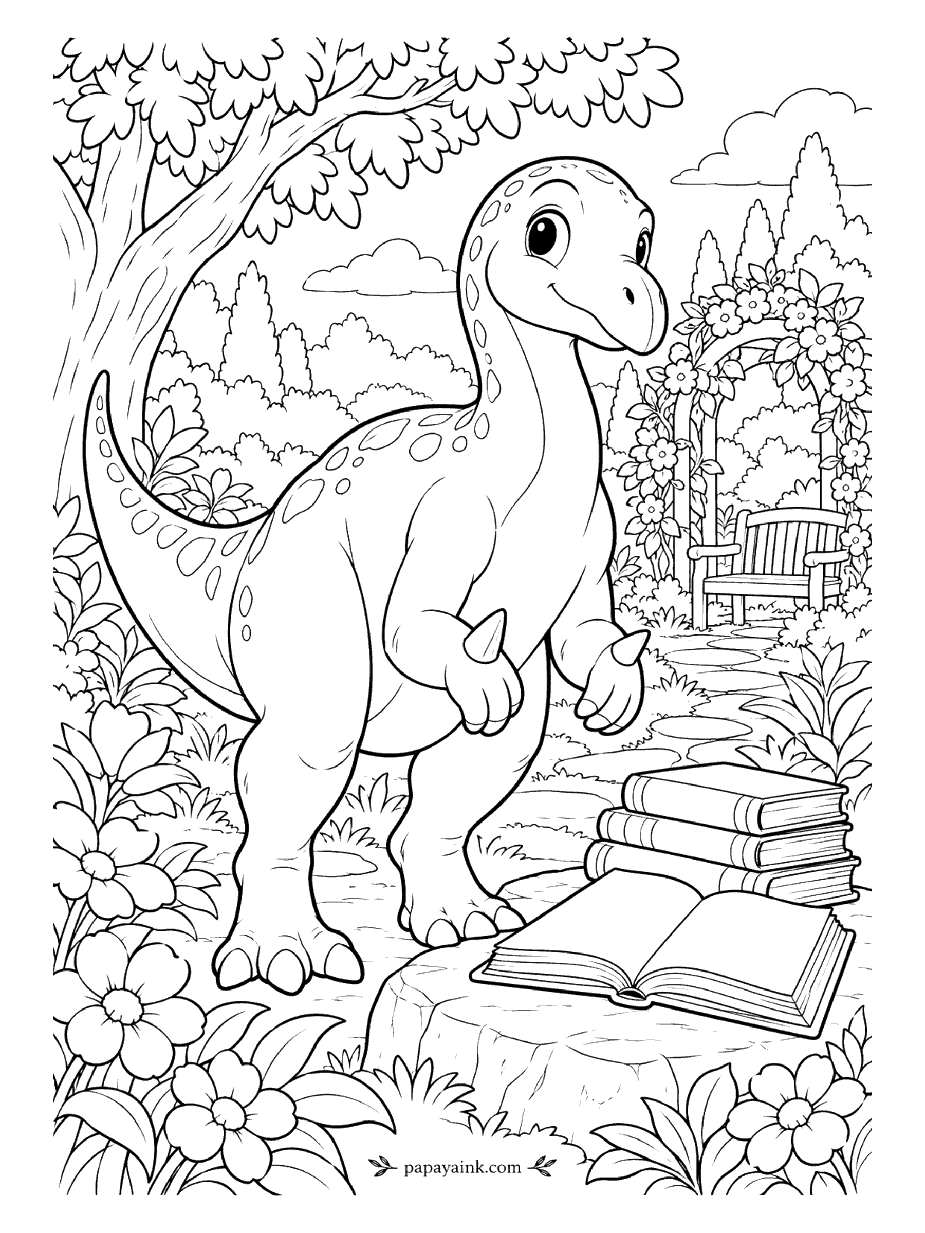 Cute Dinosaur Coloring Pages - Story time in the garden. An iguanodon, thumb spikes and all, stands beside a pile of books and one left open on a tree stump. A rose arch and a bench wait down the path. Try warm tones for the old leather covers.