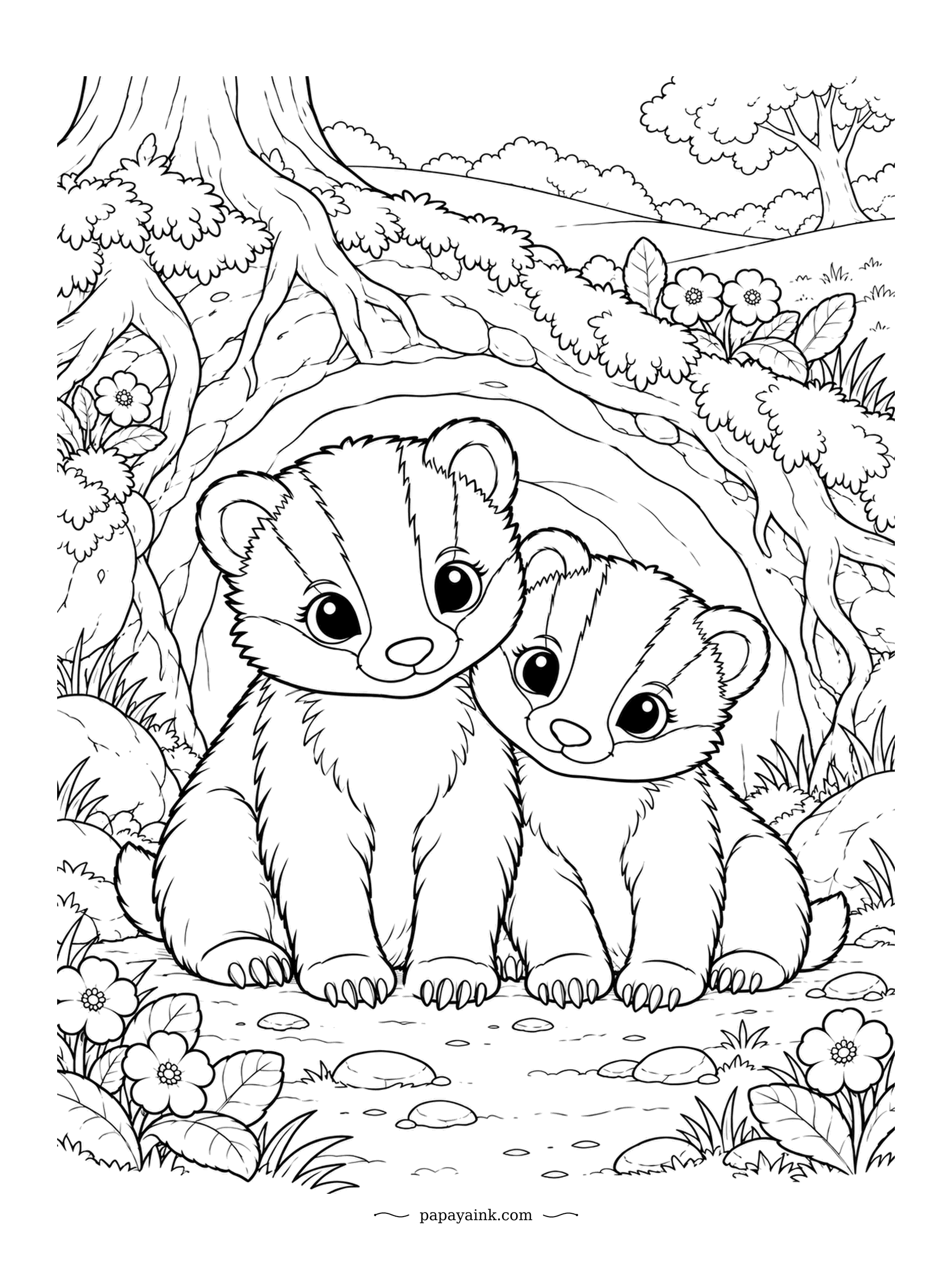 Cute Kawaii Coloring Pages - Two badger cubs sit shoulder to shoulder at the mouth of their sett, one leaning its head on the other. Badger setts are sometimes used by the same family for generations. Bold face stripes, mossy roots and plenty of flowers around the entrance.