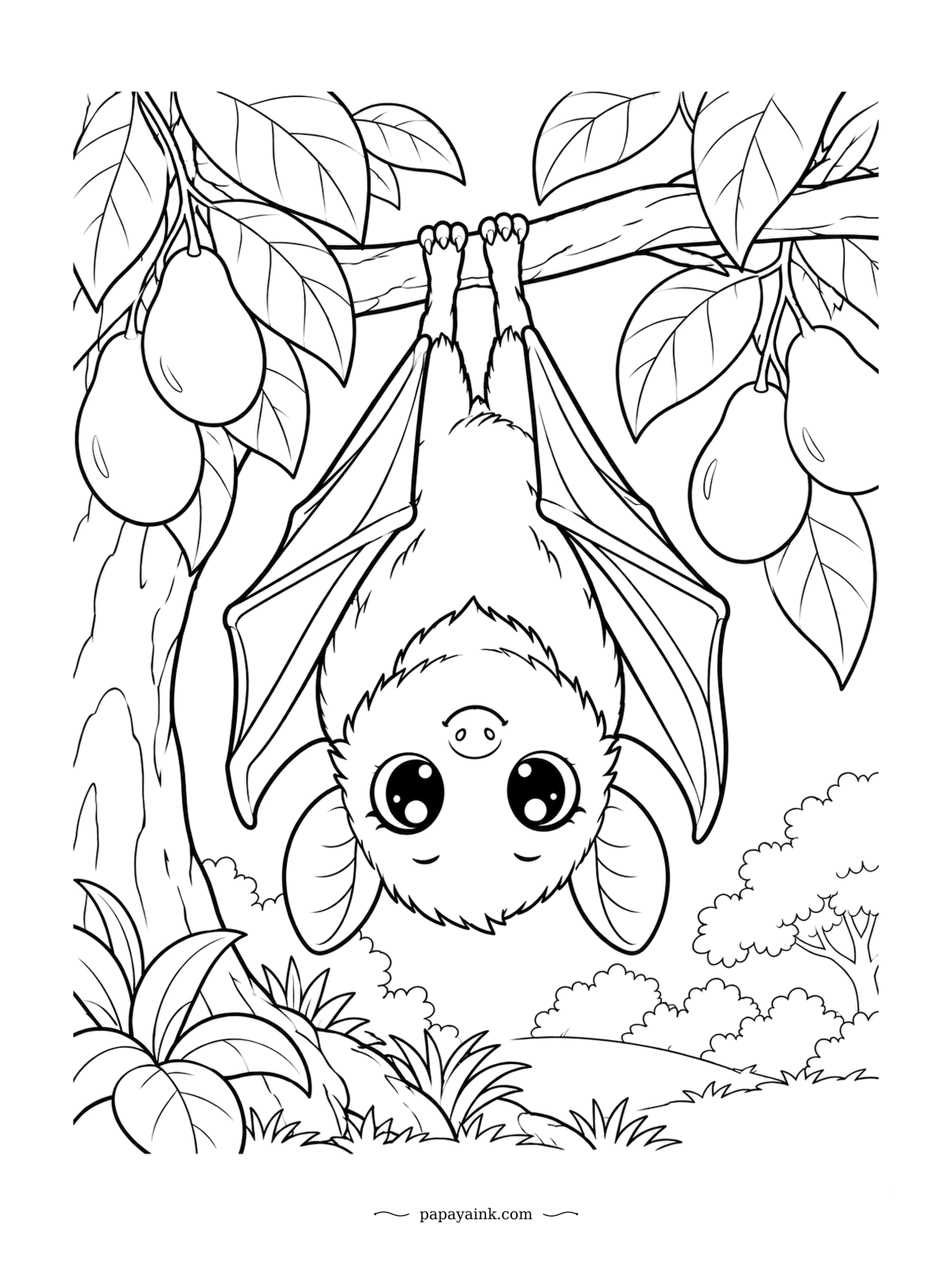 Cute Kawaii Coloring Pages - Hanging upside down from a fruit tree, the little bat wraps its wings around itself like a cloak and smiles at the world. Fruit bats help spread seeds across whole forests. Leafy greens and a warm brown for the fur.