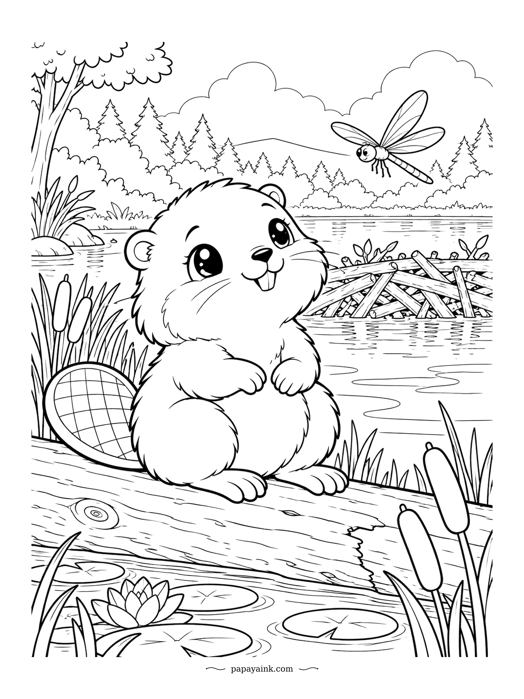 Cute Kawaii Coloring Pages - Taking a break from building, the beaver sits on a log beside its lodge of sticks. A dragonfly zips over the pond. That flat crosshatched tail is fun to fill with fine lines.
