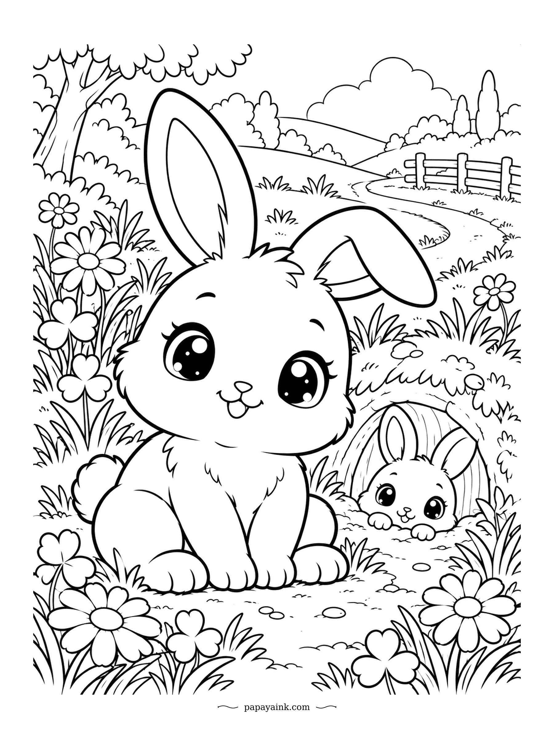Cute Kawaii Coloring Pages - A baby bunny peeks out of the burrow while the bigger one sits in the clover to say good morning. Daisies, a winding path and a wooden fence fill the meadow. Floppy ears and fluffy tails make this one very easy to love.