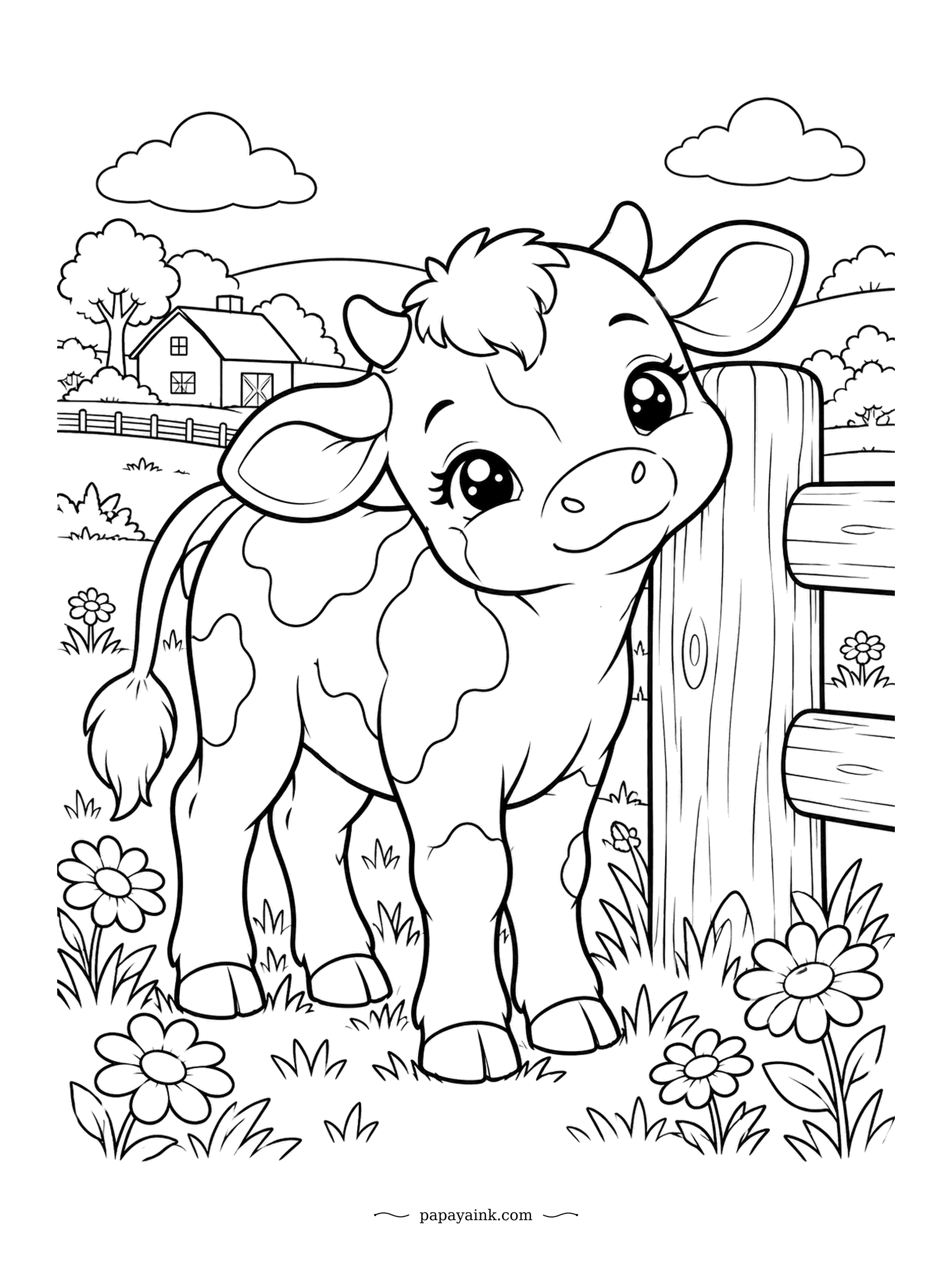 Cute Kawaii Coloring Pages - An itchy cheek and a sturdy fence post - the spotted calf has found the perfect fix. A farmhouse waits on the hill behind the meadow. Black-and-white patches or warm brown both suit a calf.