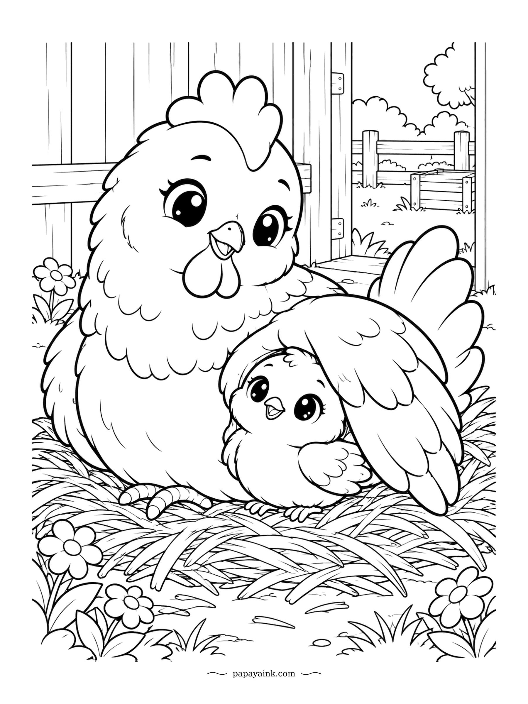 Cute Kawaii Coloring Pages - A hen spreads one wing over her nest, and a fluffy chick peeks out from underneath. The barnyard gate and flowers frame the scene. Soft yellows for the chick, warm russet for mom.