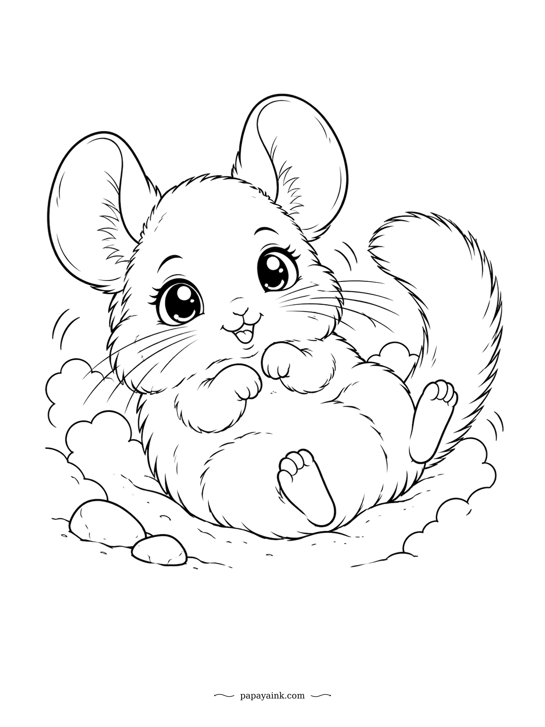 Cute Kawaii Coloring Pages - Chinchillas keep their dense fur clean by rolling in fine dust instead of water, and this one is wriggling belly-up in pure delight. Big ears, round body, almost no background. A quick page for chunky crayons.