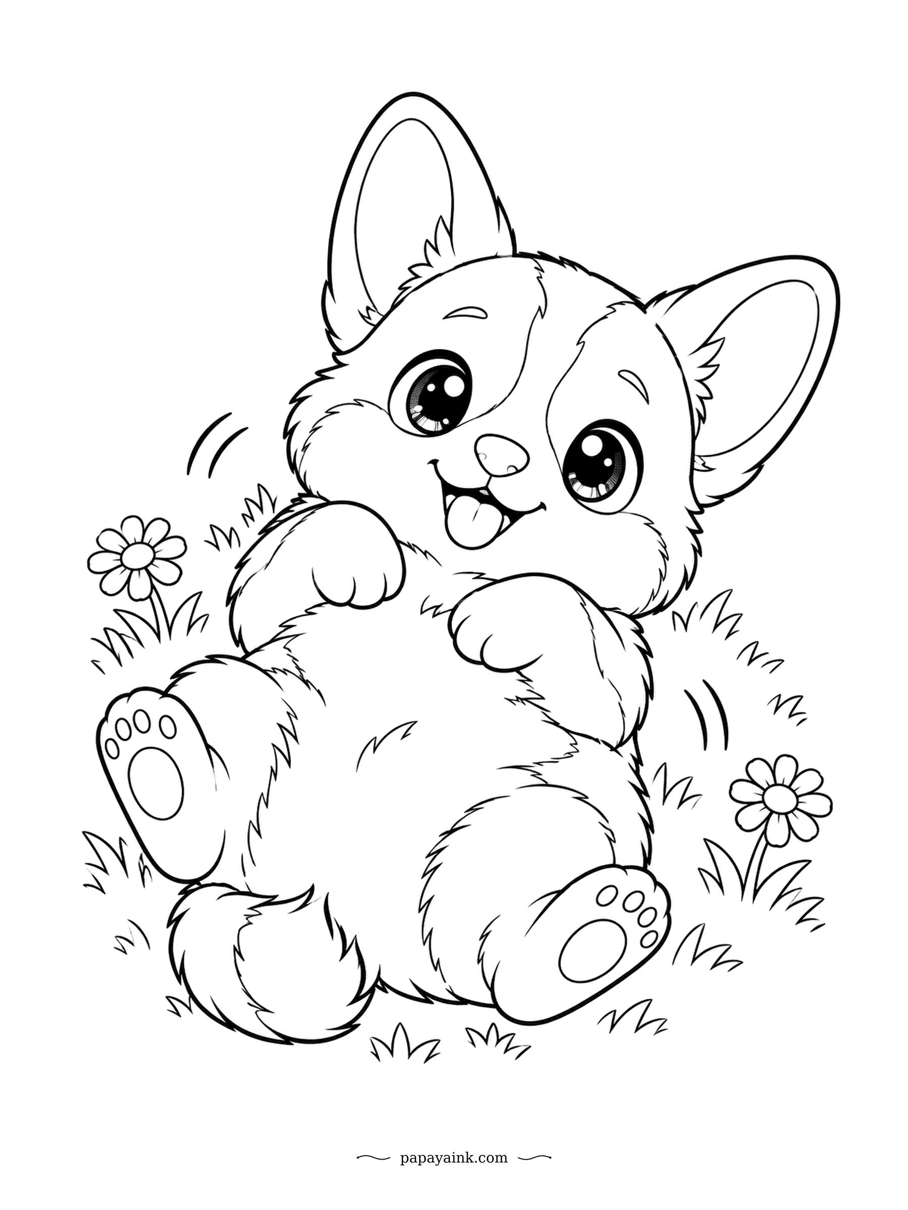 Cute Kawaii Coloring Pages - Belly up and wiggling in the grass, the corgi pup is asking for a rub. Big ears, stubby legs and pure happiness. Almost no background - quick and easy with markers.