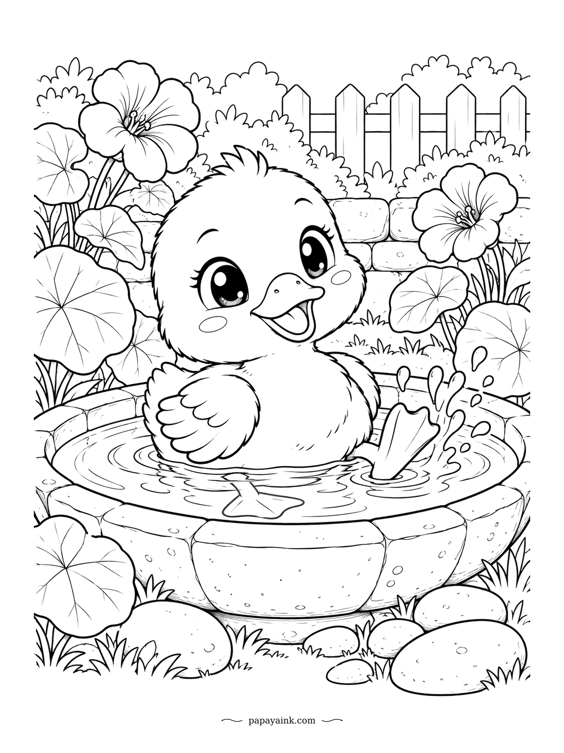 Cute Kawaii Coloring Pages - Splashing in a stone birdbath, the duckling paddles with one webbed foot in the air. Round leaves and big blossoms surround the basin. Sunny yellow and watery blue are all it needs.