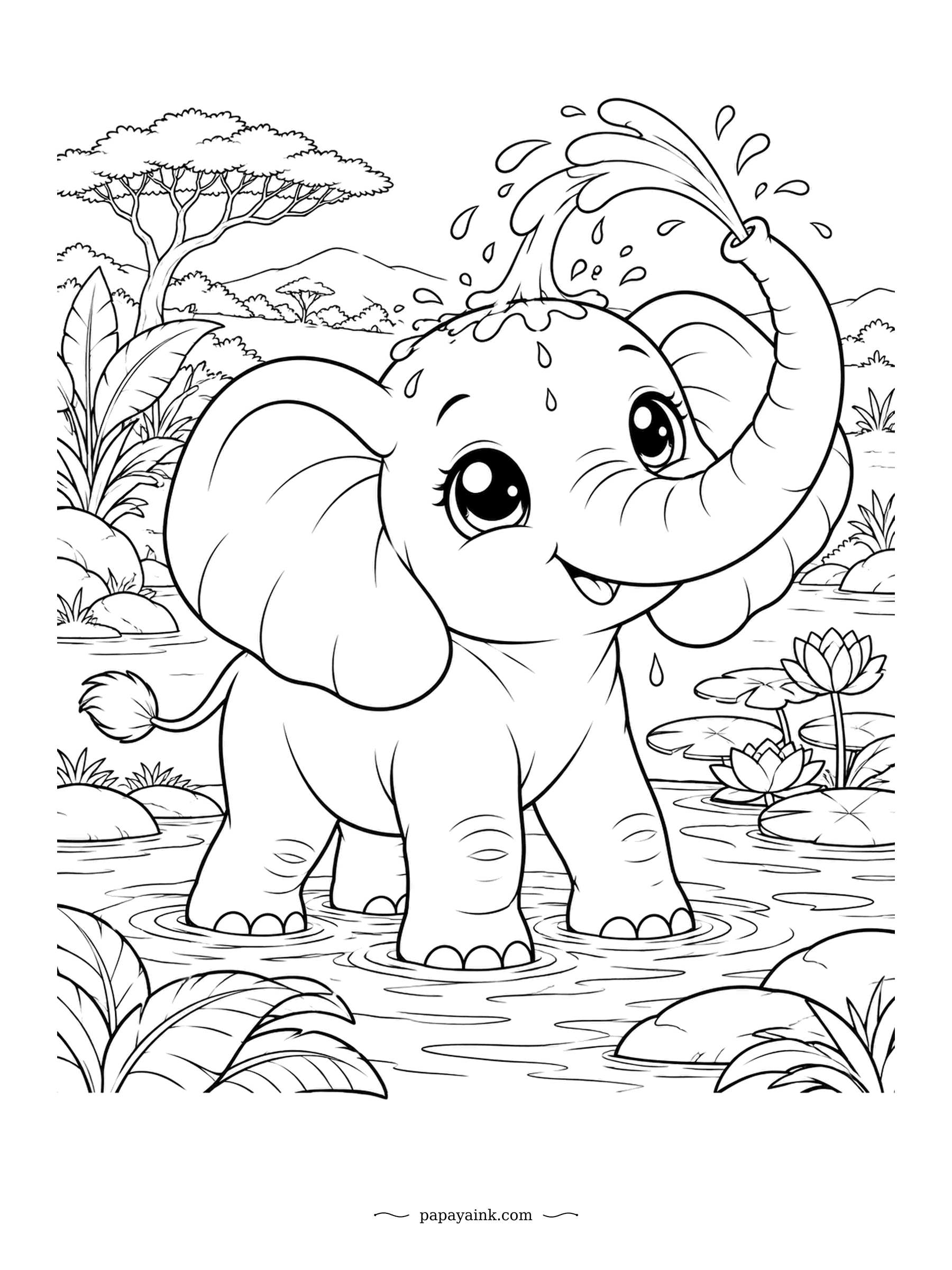 Cute Kawaii Coloring Pages - Trunk up, spray flying, the baby elephant gives itself a shower in the river. Lotus flowers float nearby and acacia trees line the far bank. Grey for the elephant, blue for the splash and plenty of green.