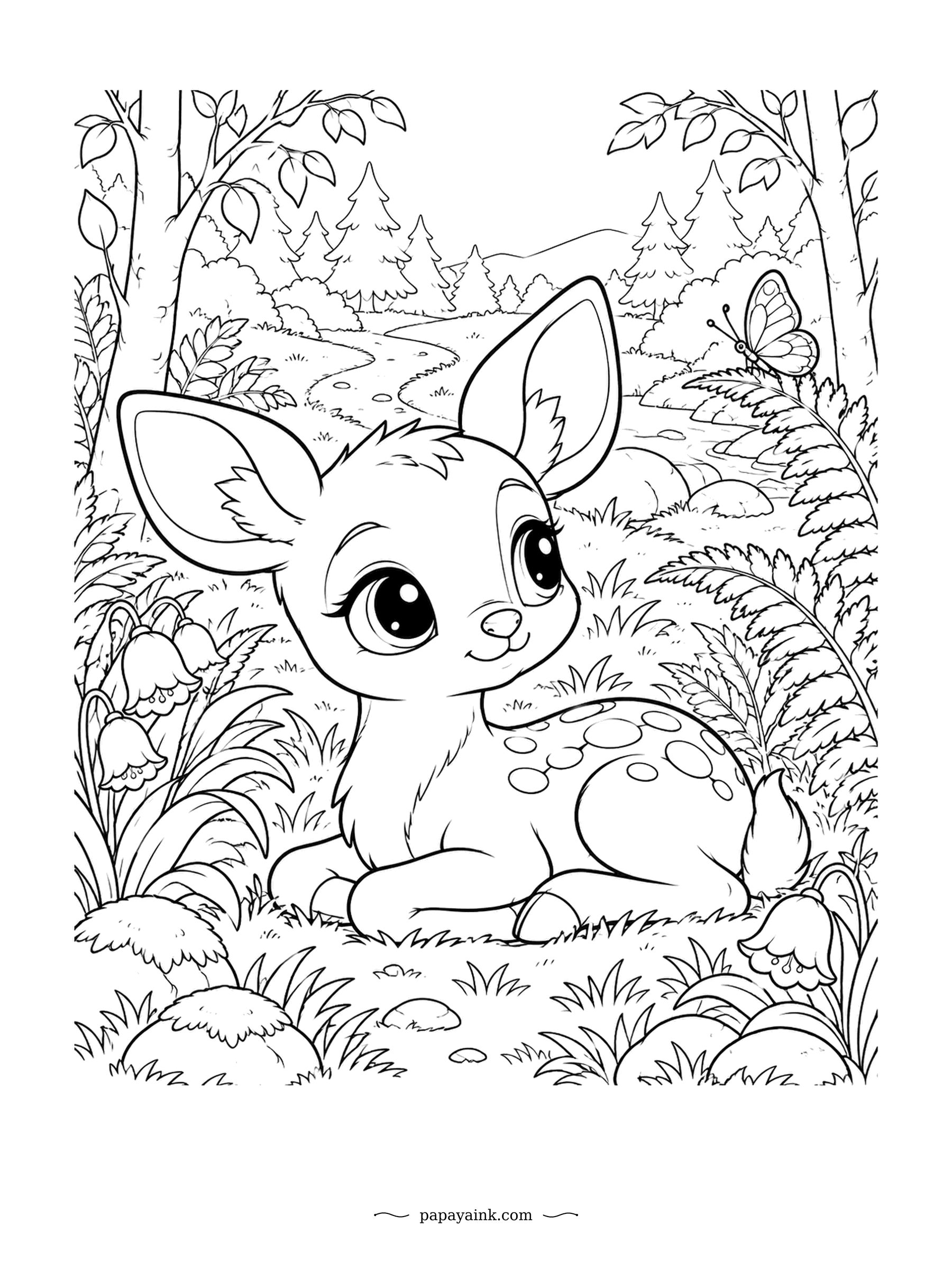 Cute Kawaii Coloring Pages - Tucked among ferns and bluebells, a spotted fawn rests quietly while a butterfly drifts past. Those white spots help it hide on the forest floor. Detailed - fronds, flowers and a stream in the distance.