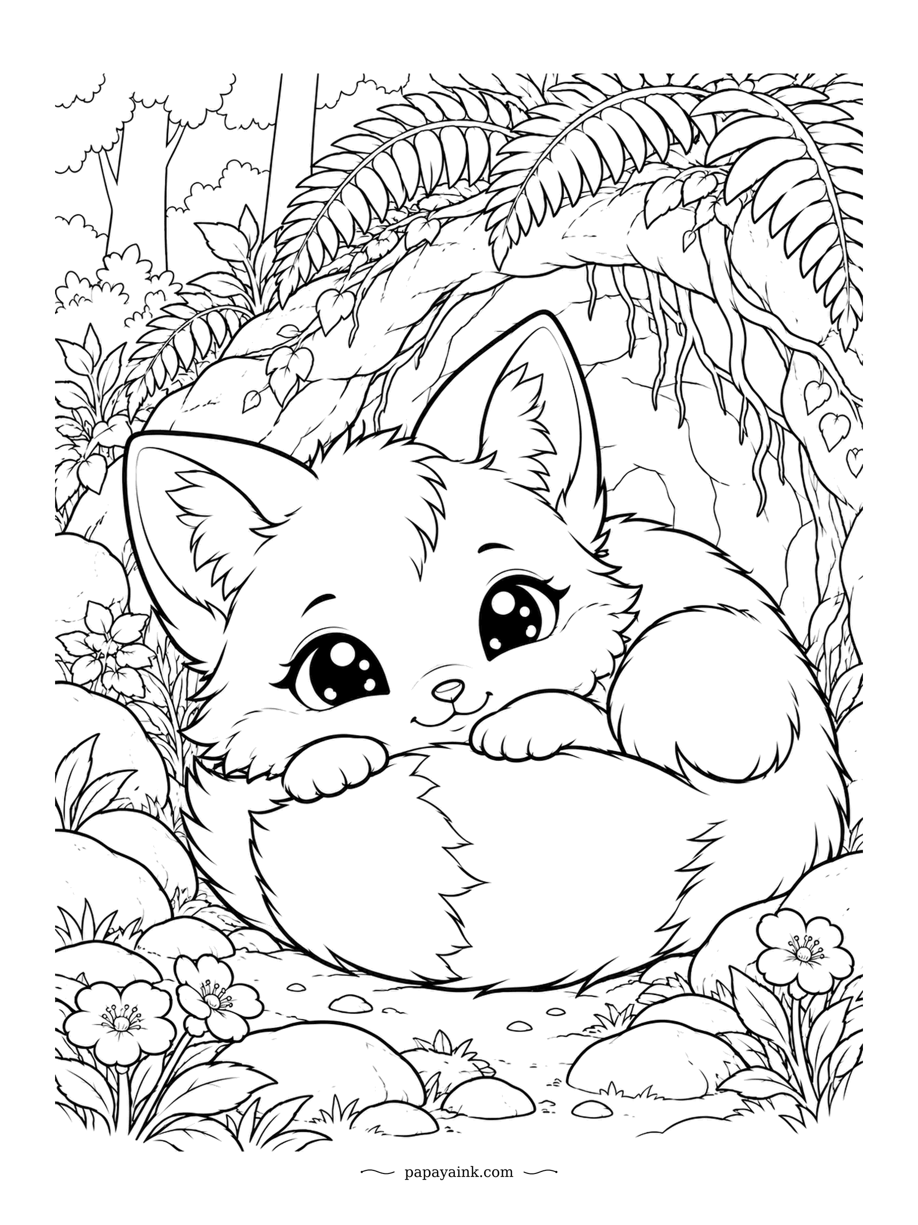 Cute Kawaii Coloring Pages - Curled up at the entrance to its den with that huge tail wrapped around like a blanket, the fox cub peers out from under the ferns. Orange fur and a white-tipped tail are the obvious picks.