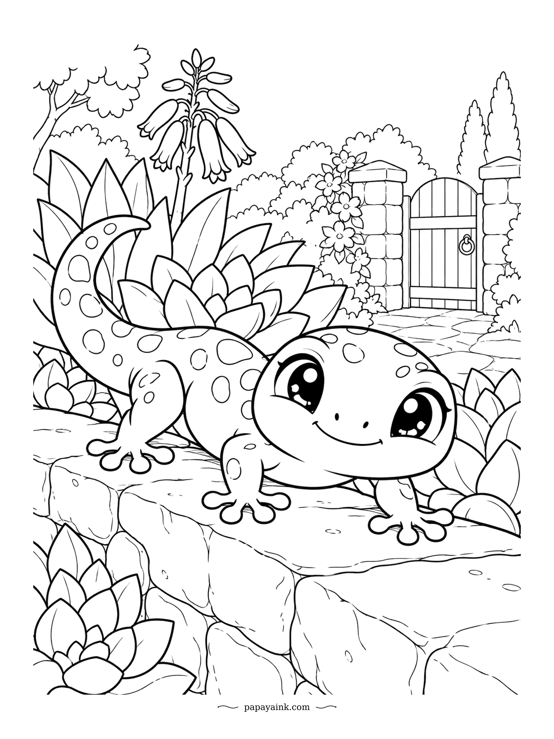 Cute Kawaii Coloring Pages - Sticky toe pads let geckos walk straight up walls, and this spotted one is strolling across a sunny garden wall lined with succulents. A wooden gate stands in the background. Bold spots make a fun pattern.