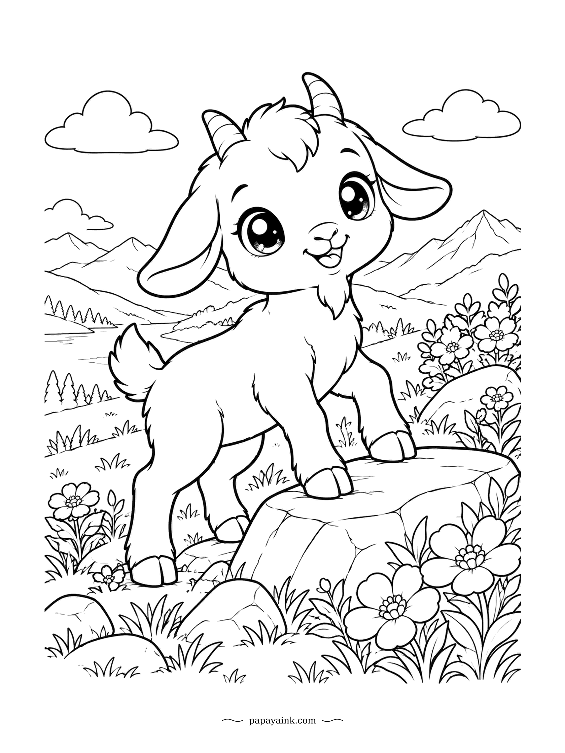 Cute Kawaii Coloring Pages - One hoof up on a boulder, the kid goat surveys the flower meadow like a mountaineer. Wild goats scale cliffs that look almost vertical. Distant peaks and lots of blossoms to fill in.