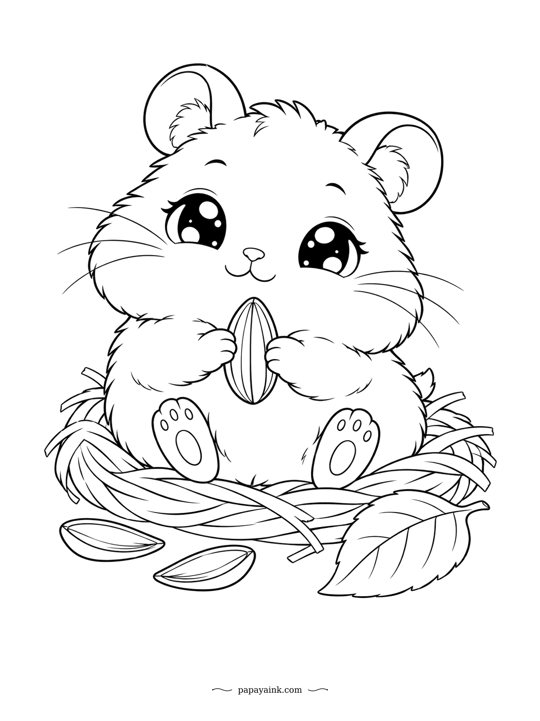 Cute Kawaii Coloring Pages - Sitting in a cozy straw nest, the hamster holds a sunflower seed bigger than its paws. Those famous cheek pouches can stretch all the way back to its shoulders. Simple lines and open shapes - one of the easiest pages here.
