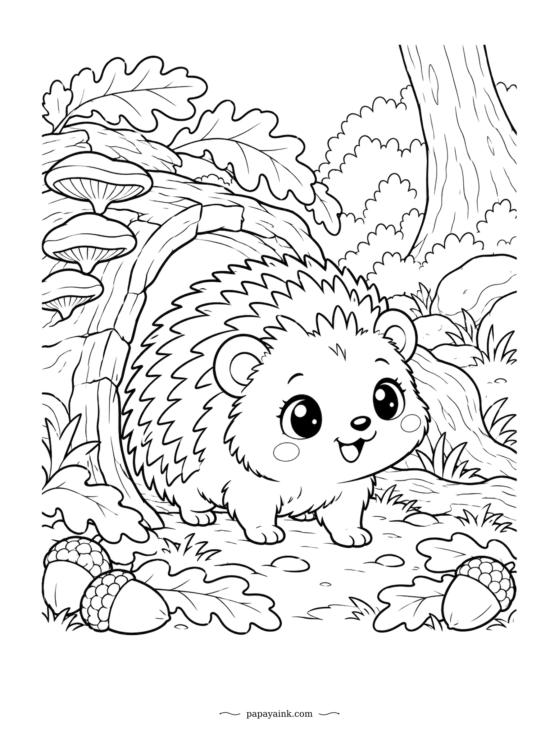 Cute Kawaii Coloring Pages - Out of a hollow log comes a hedgehog with rosy cheeks, stepping past acorns in the leaf litter. Mushrooms sprout along the bark. Every spine is a small shape, so fine-tipped pencils help.