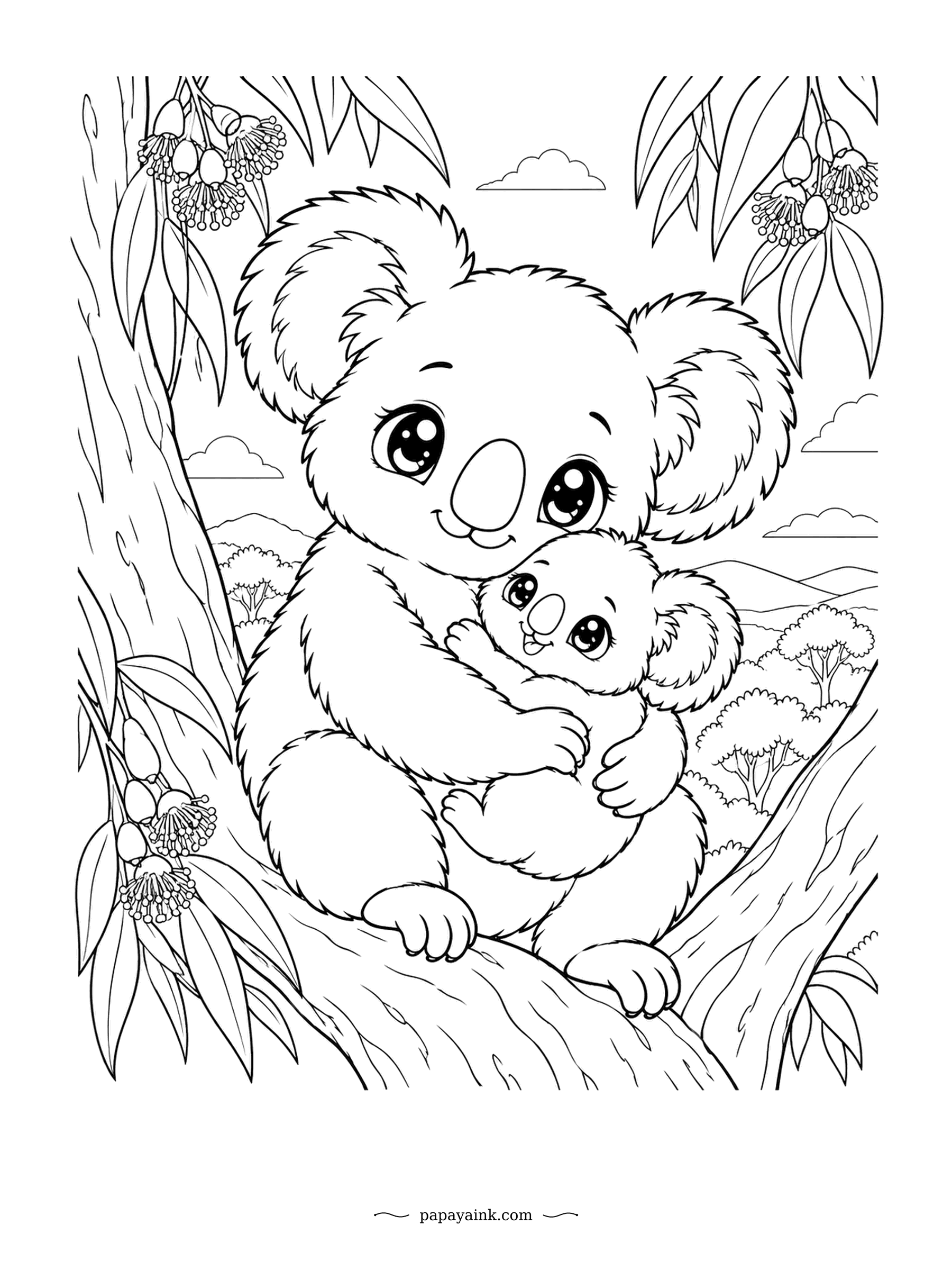 Cute Kawaii Coloring Pages - High in a eucalyptus tree, a mother koala holds her joey close. Gum blossoms hang from the branches and soft hills roll away below. Silvery grey for the koalas, pale green for the gum.