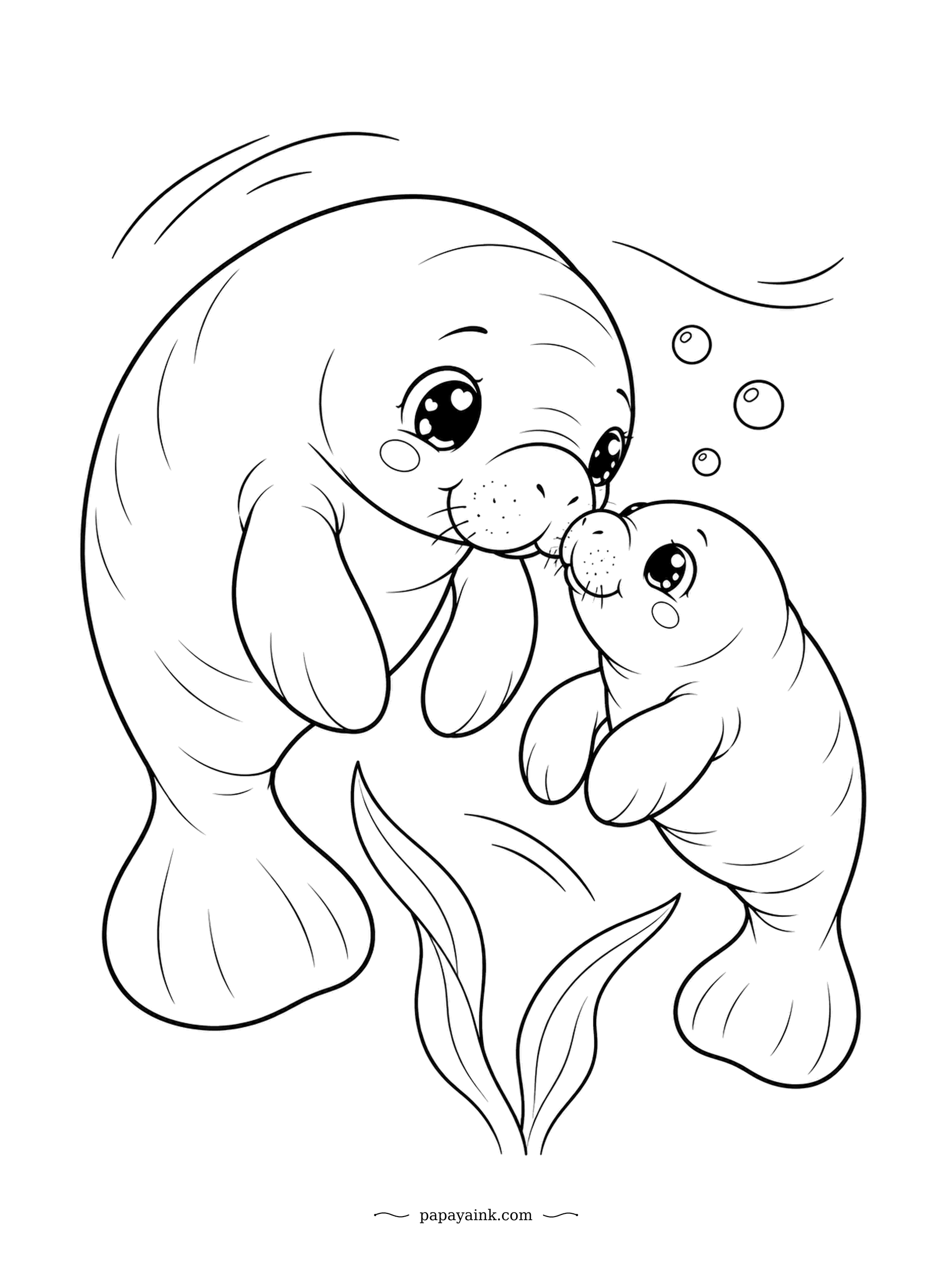 Cute Kawaii Coloring Pages - Mother and calf touch noses as they drift through the seagrass. Manatees are often called sea cows for their slow, gentle grazing. Soft grey bodies and lots of open water to color.