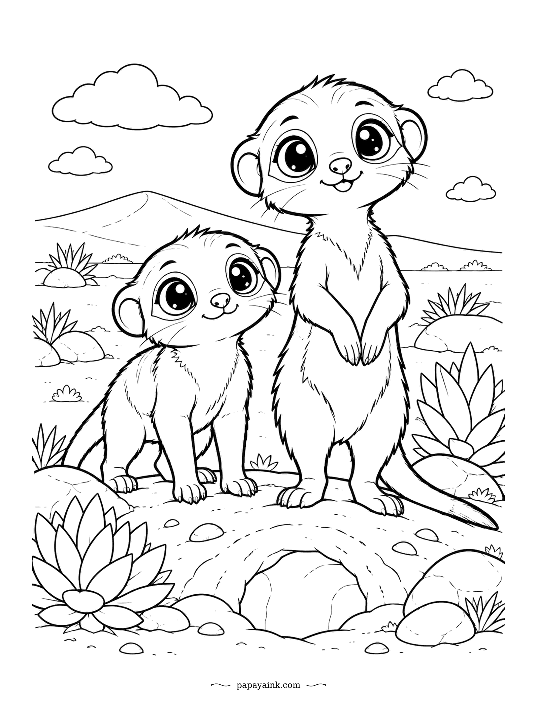 Cute Kawaii Coloring Pages - One meerkat stands tall on guard while the younger one looks up from beside the burrow. Meerkat families take turns as sentries. Sandy tan, succulents and a wide desert sky.