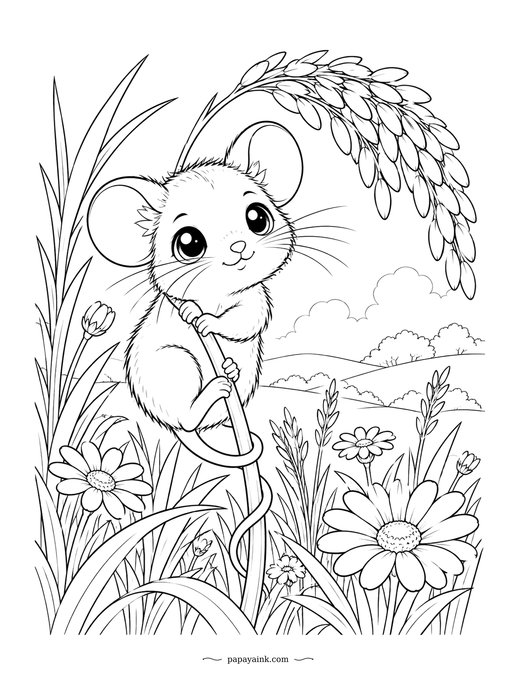 Cute Kawaii Coloring Pages - Clinging to a grass stem with tiny paws, the meadow mouse reaches for the seed head above. Daisies grow all around. Detailed - fine grasses and soft fur.