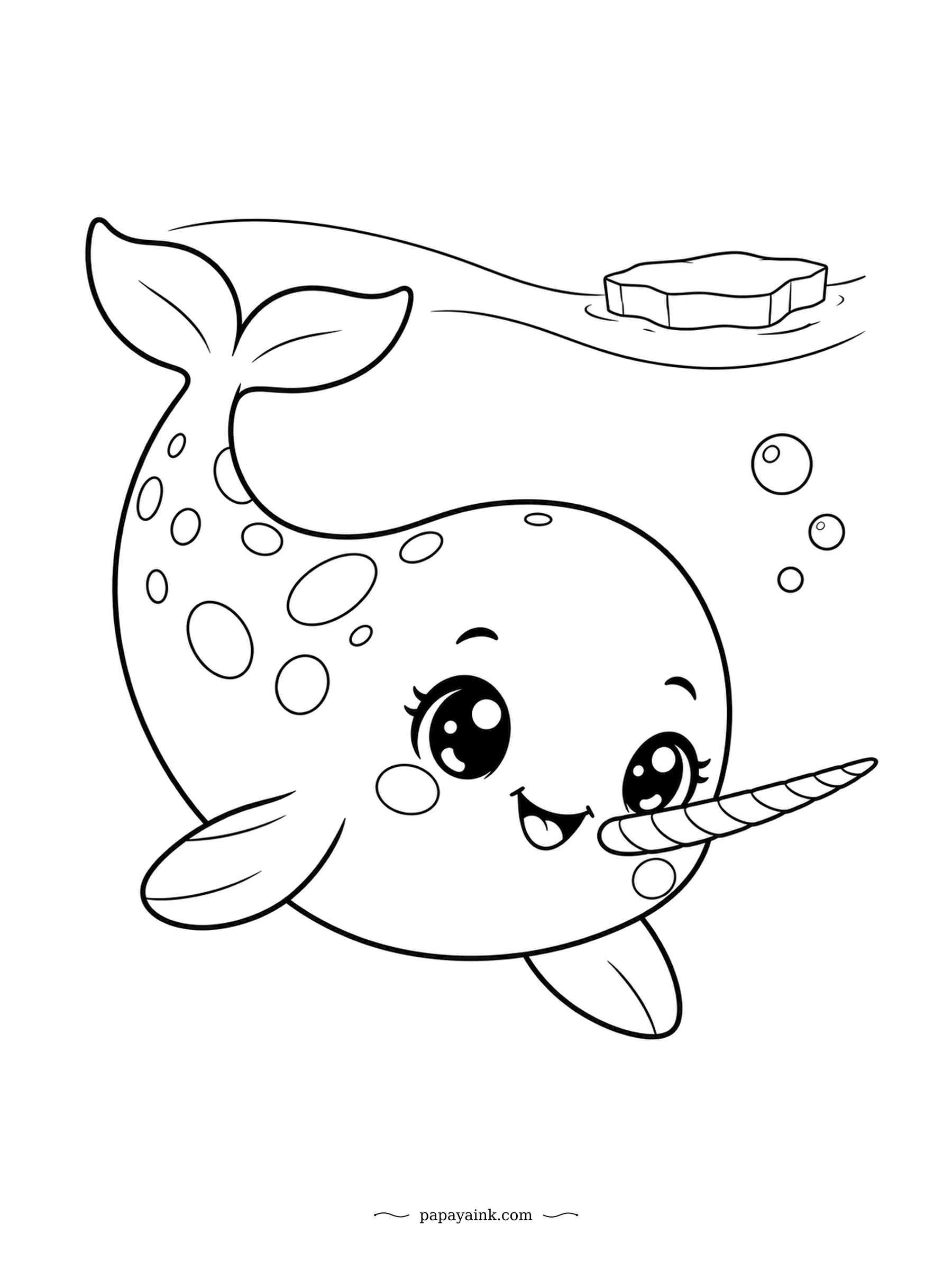 Cute Kawaii Coloring Pages - With its spiral tusk and spotted back, the little narwhal swims past an ice floe. That tusk is actually a long tooth. Simple shapes, lots of white - an easy page with icy blues.