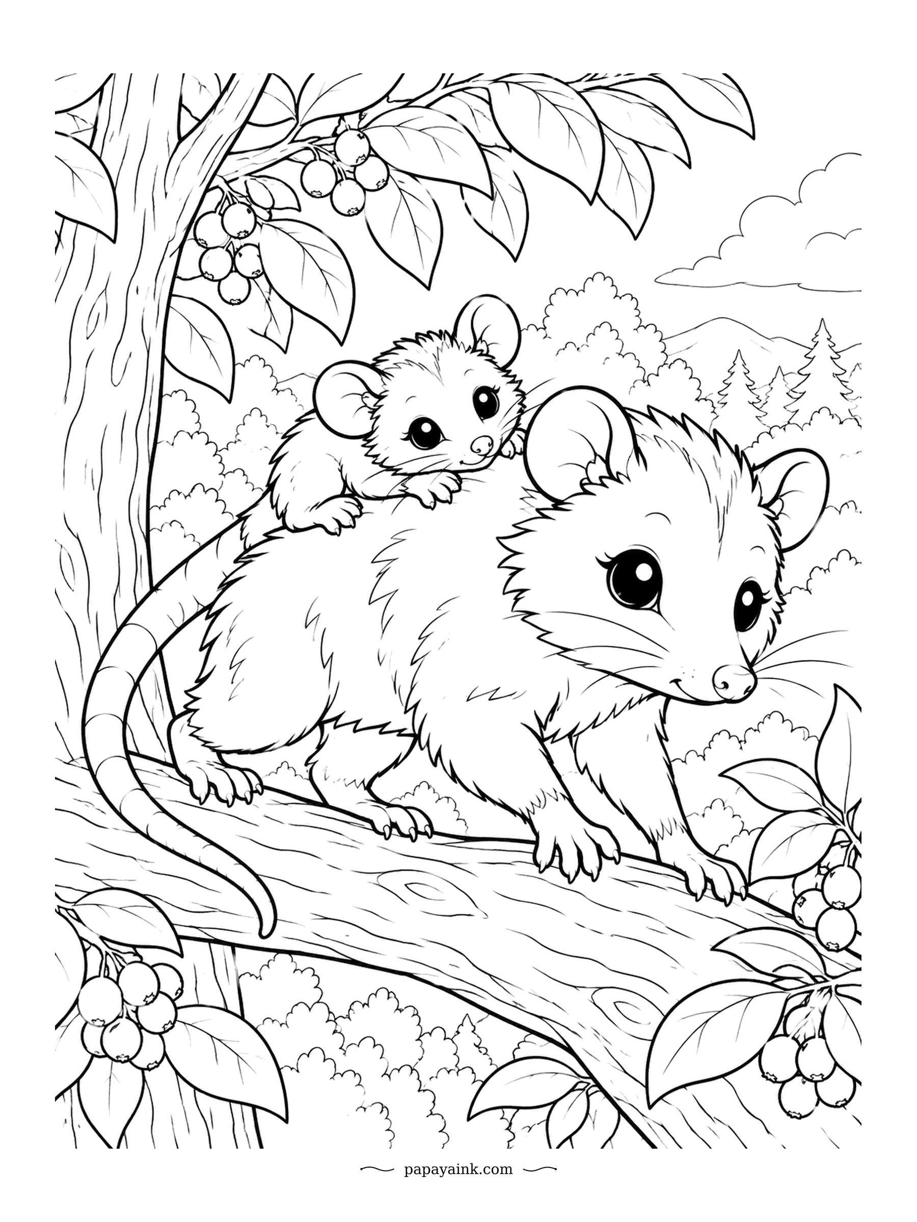 Cute Kawaii Coloring Pages - Riding piggyback, a baby opossum clings to its mother as she walks along a branch. An opossum's tail works as an extra hand for gripping. Berries, foliage and a forest view surround them.