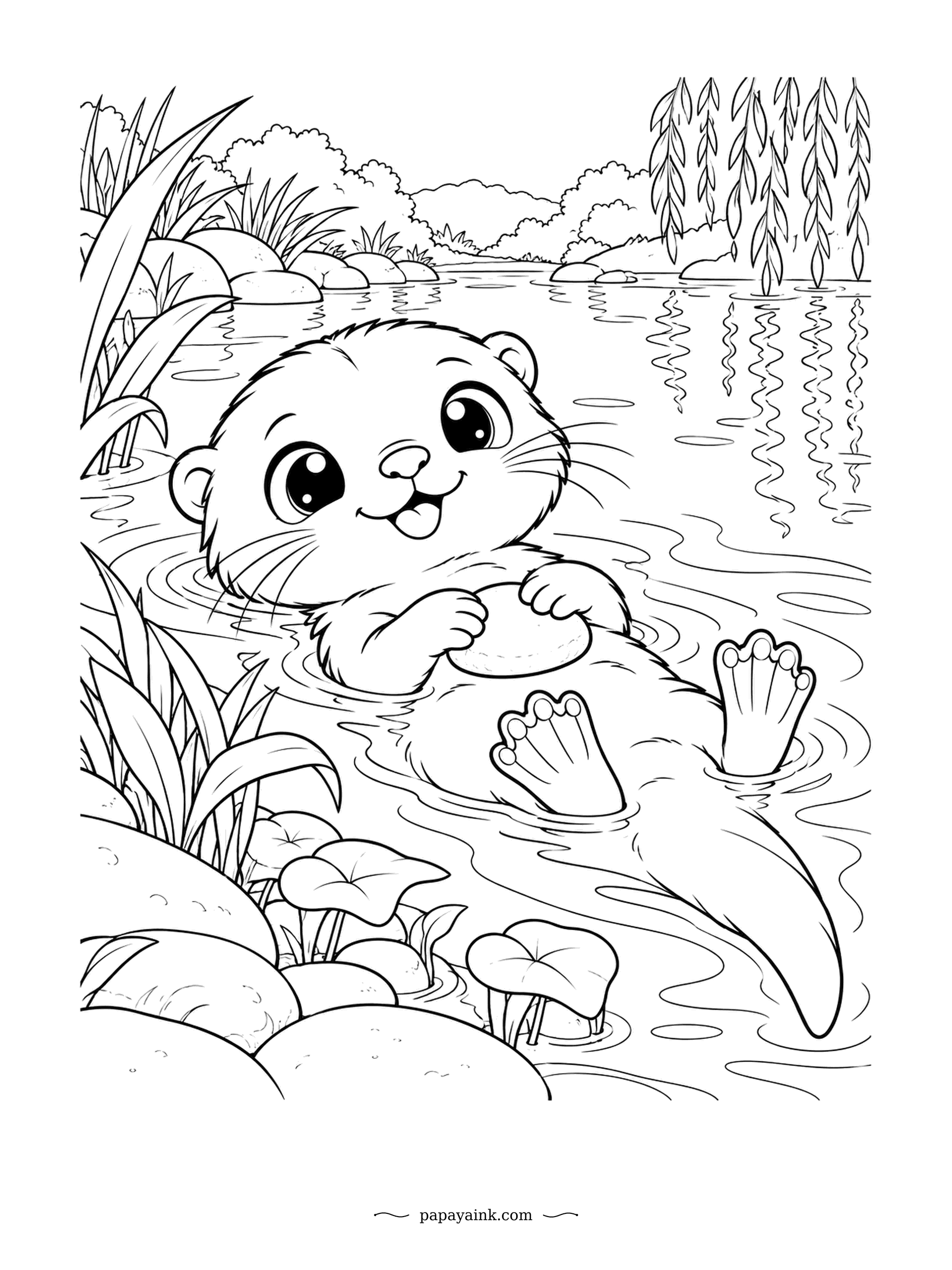 Cute Kawaii Coloring Pages - Floating on its back, the otter holds a smooth pebble on its tummy - real otters often keep a favorite stone and carry it around. Willows lean over the stream. Chocolate brown, stream blue, reed green.